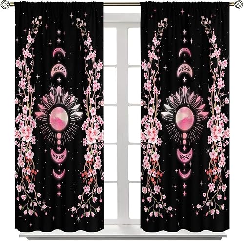 Miniatura 7 de Cortinas opacas con diseño de luna y flores, estilo japonés, para dormitorio, fase negra y rosa, para jardín, estética, plantas naturales, 21
