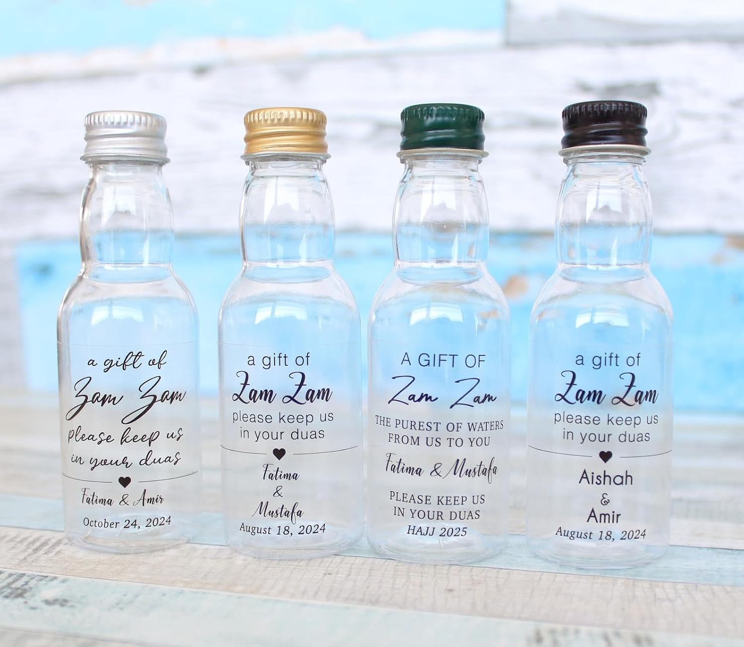 Personalized Empty Zem Zem Water Bottles with Custom Labels - 40cc (1.35 oz) Mini Plastic Bottles for Islamic Wedding, Nikkah, Hajj, Umrah Gifts - Gold, Silver, Black, Cork Cap Options (Set of 40)