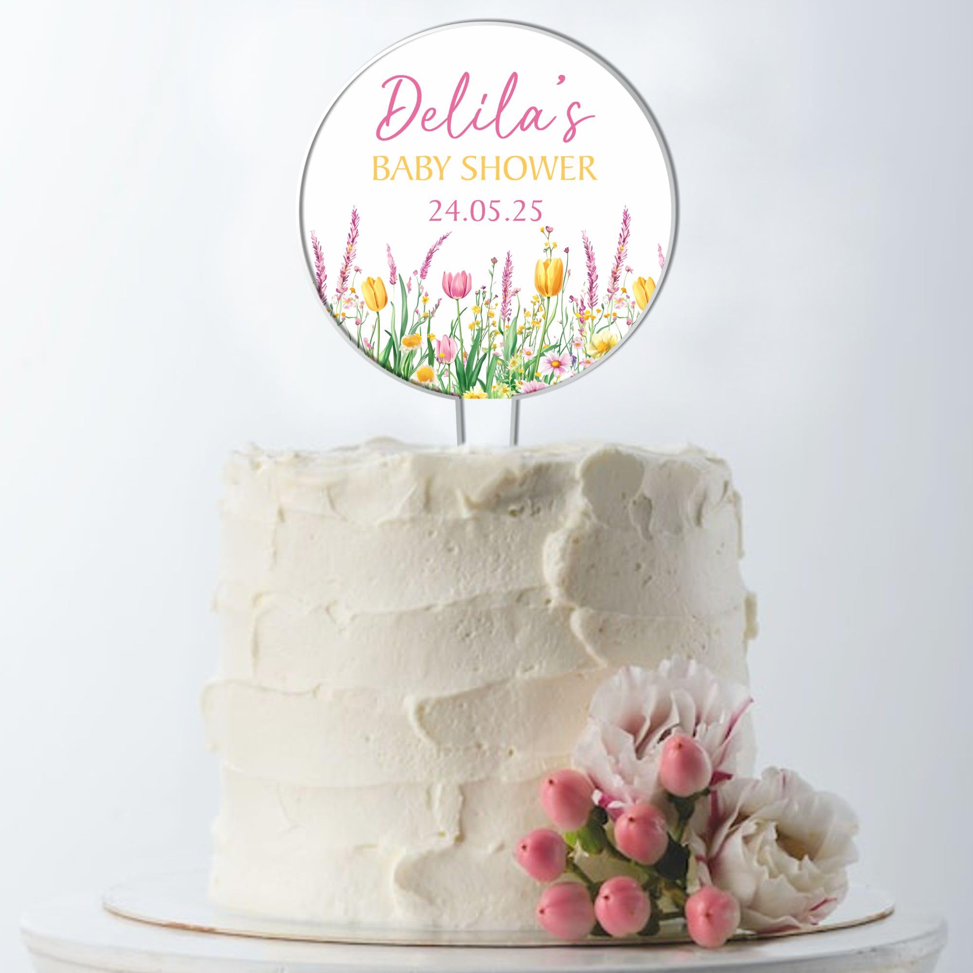 Personalised Baby Shower Cake Topper – Custom Child's Name & Event Date – Floral Acrylic Cake Decoration – Gender Reveal Party Keepsake - 5 Colour Options (Flower Garden)
