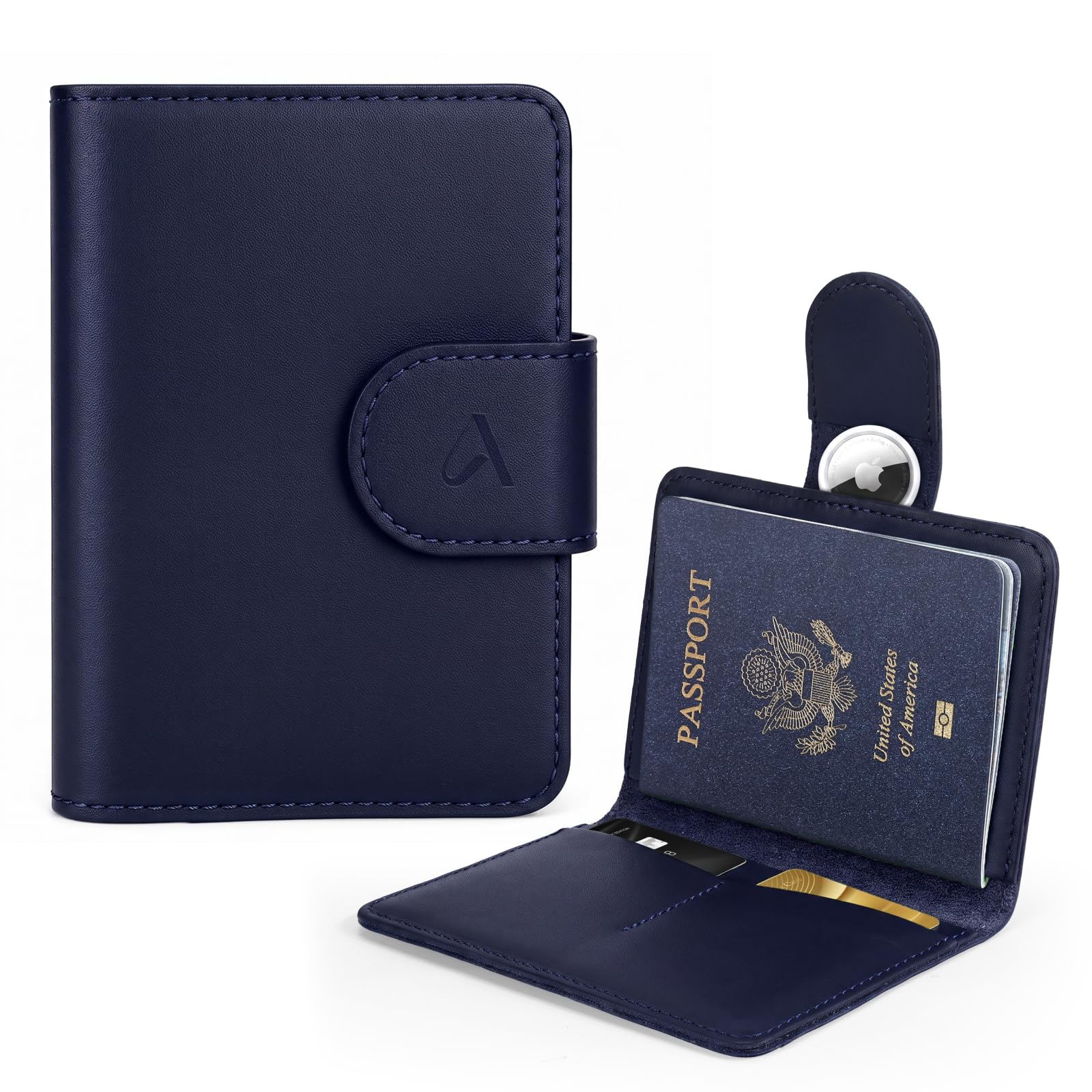 ALLIVE Passport Holder for Travel, Genuine Leather Passport Holder with AirTag Hidden Pocket, Rfid Blocking Passport Cover Travel Wallet for Women Men, Airport Essentials Gift (Midnight Navy)