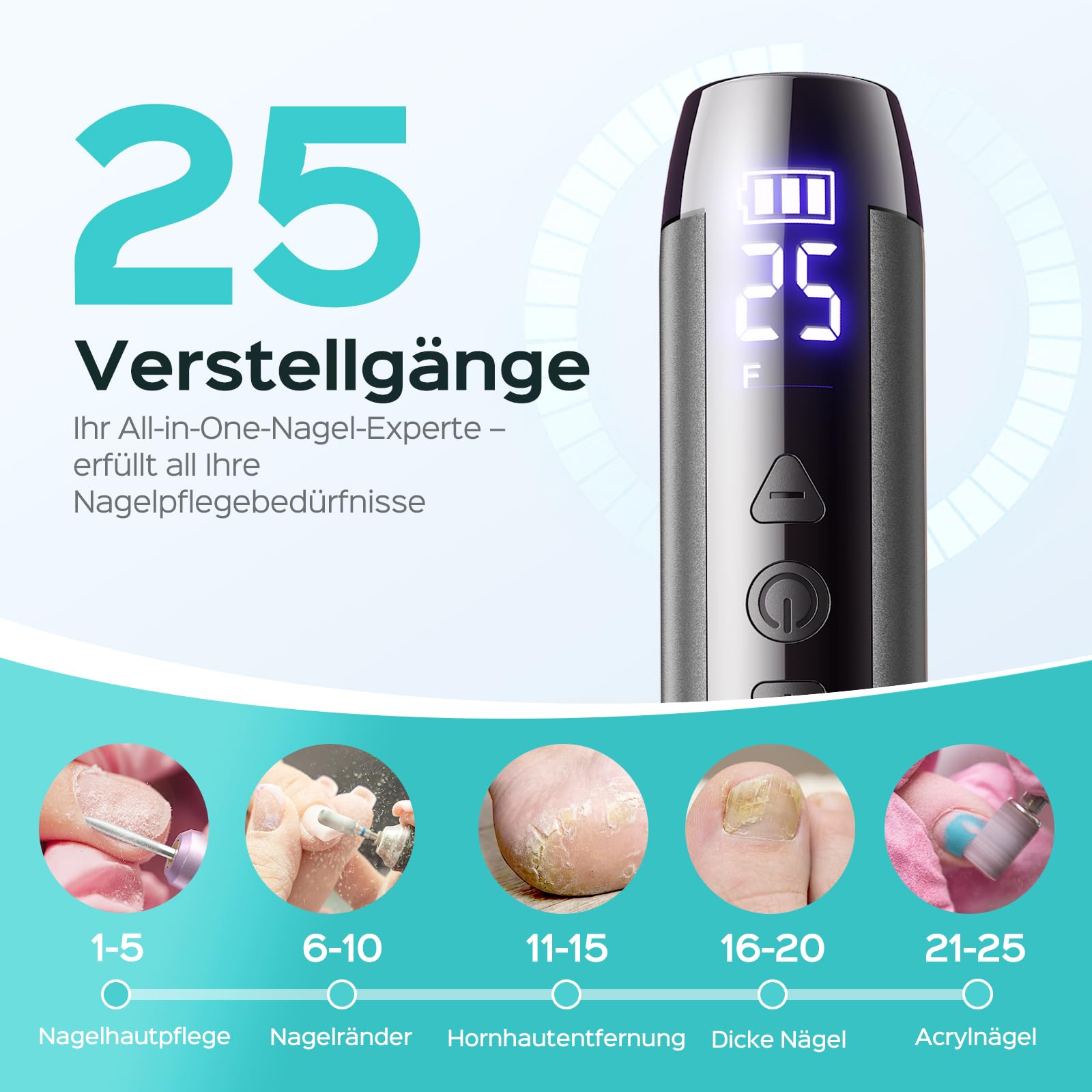 COSLUS C51 Kabellos Tragbar Elektrischer Nagelfräser: Elektrische Nagelfeile für Gelnägel 35000 u/min Nail Drill mit LED-Display & 25 Geschwindigkeiten für Nägel & Acrylnägel portabel für Reisen, Grau