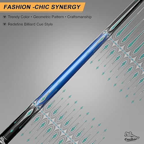 Miniatura 6 de Taco de billar de 58 pulgadas, 2 piezas con incrustaciones de espada geométrica, agarre sin envolver, eje de arce, punta de 0.512 in con tiza Azul