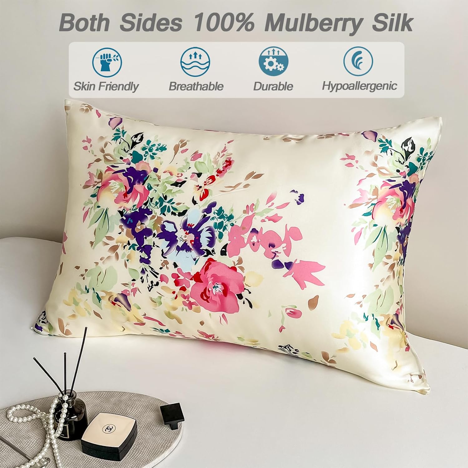 100% Pure Mulberry Silk Pillowcase Set of 2 Standard Size with Zipper,Real Silk Pillow Cases for Hair and Skin,Soft and Cooling,Both Sides Natural Slip Silk,Floral Print,2Pack (20"x26",Pattern1)