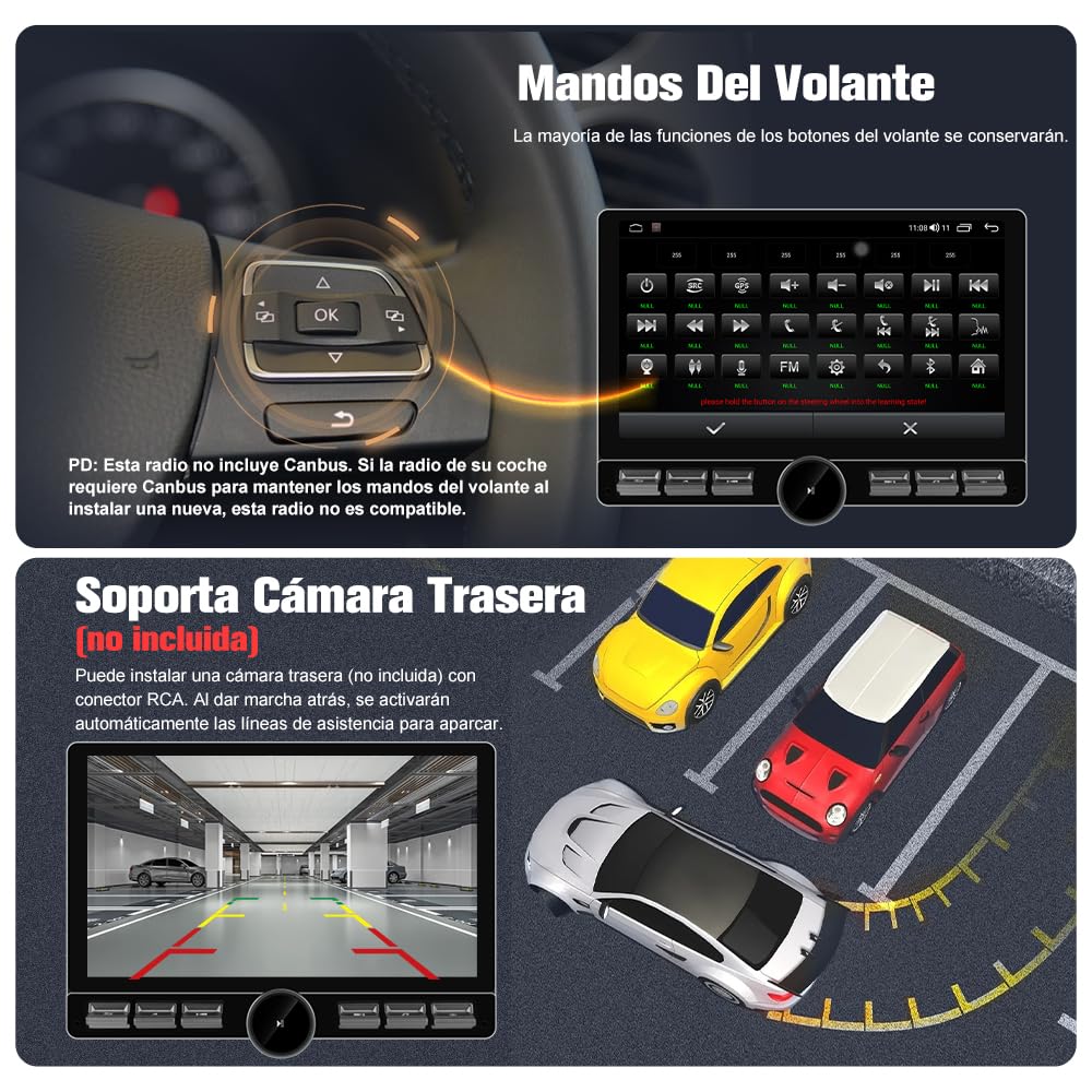 Android 13.0 [4GB+64GB] Radio Coche 1 DIN Universal con Pantalla Táctil Inclinable y Giratoria de 10.6 Pulgadas, Autoradio Admite CarPlay/Android Auto Inalámbrico/WiFi/4G/Bluetooth