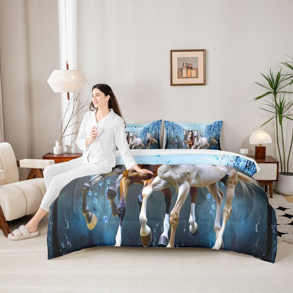 Horse Twin Size Bed in a Bag for Girls Boys Cherry Blossom Branches Steed Blue Kids Comforter Set with Sheets Teens Galloping Horse 7 Piece Bedding Set Wild Animal Decor Bed Set Bedroom Collection