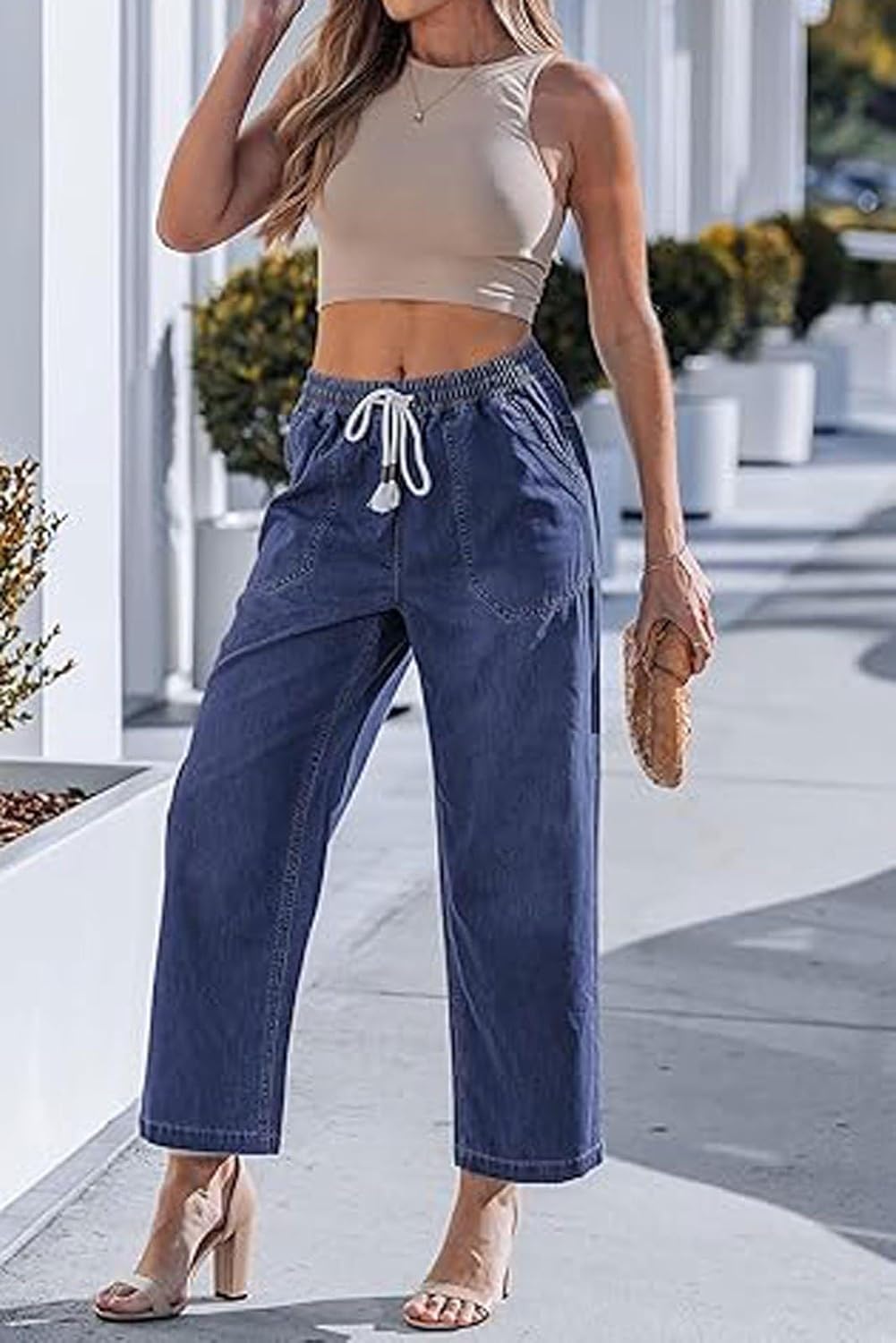 loveimgs Women Casual Elastic Waist Wide Leg Jeans Cropped Denim Pants Ankle High Waisted Pull On Jeans Drawstring Sweatpants