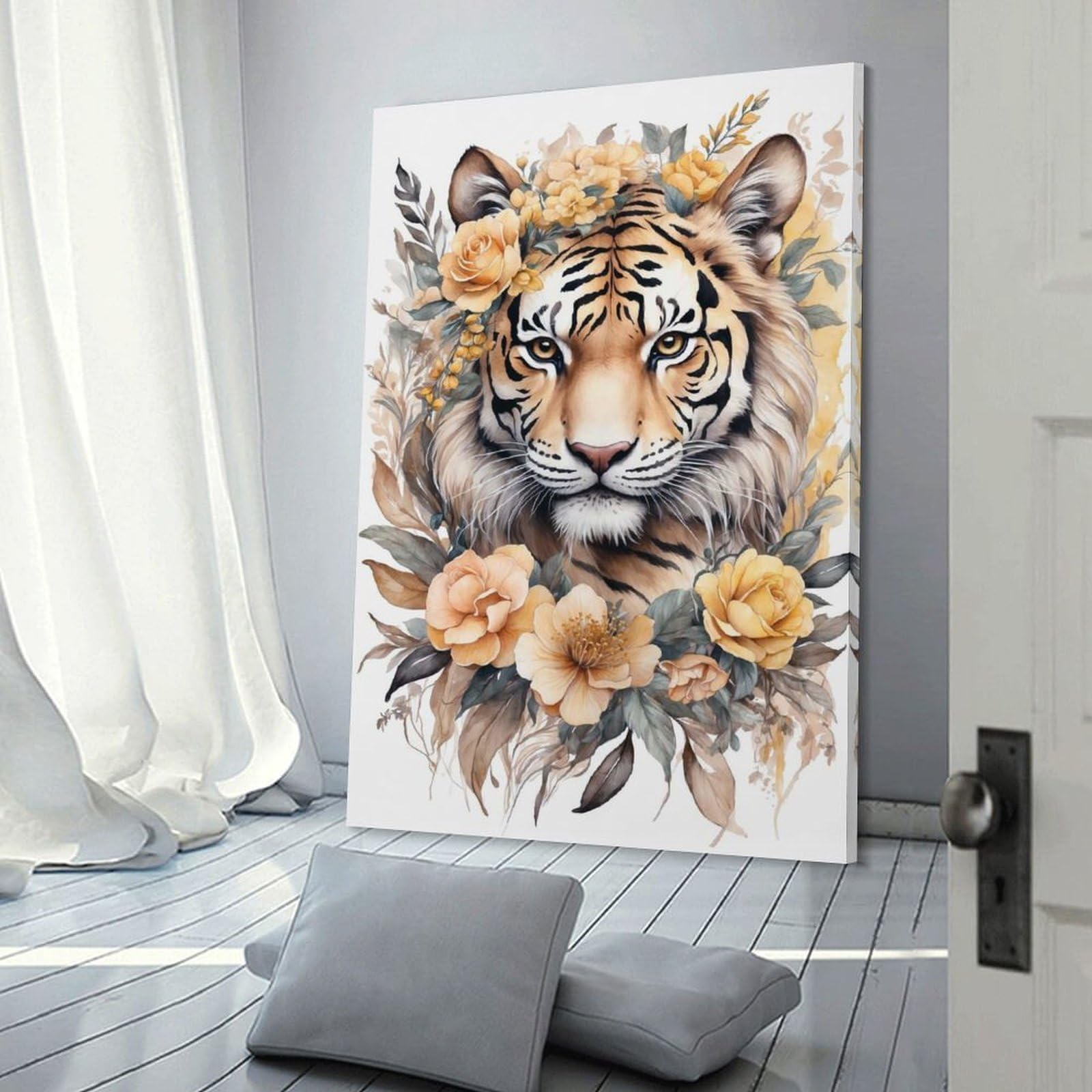 Junmoney Tiger Portrait with Floral Arrangement Hanging Wall Art, 20x30inch(50x75cm), for Gallery Wall Decor And Room Displays, Home Wall Art for Statement Displays