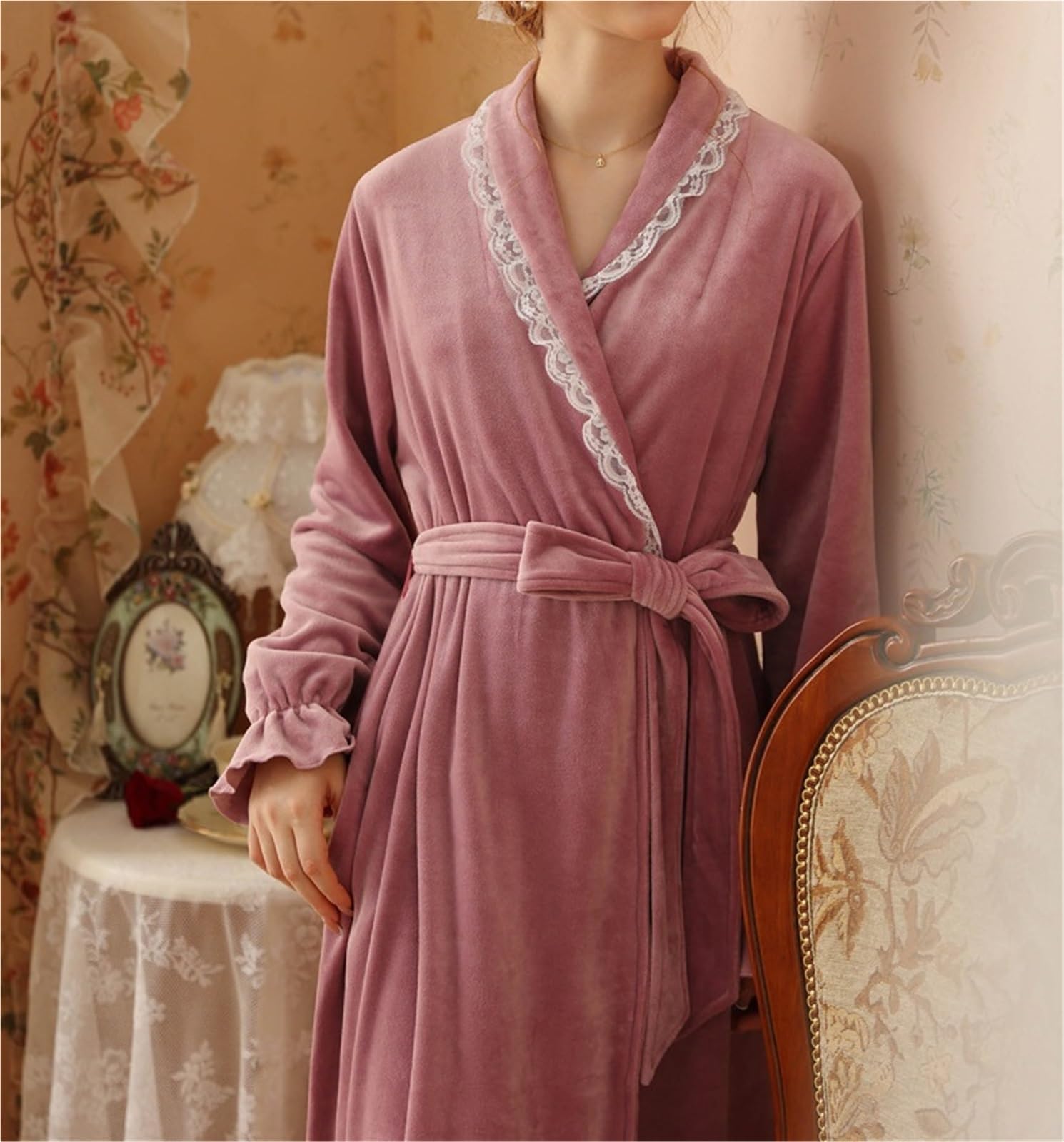 Albornoz Ducha Bata con Volantes For Mujer, Albornoz Largo Suave De Felpa, Lana Cálida, Camisón For Niñas Accappatoio para Viajes(Purple,Large)