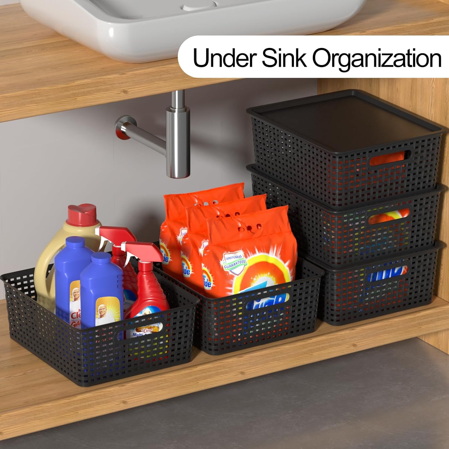 6 Packs Plastic Woven Storage Basket with Lids, Lidded Storage Basket Bin for Shelves, 14.05" L x 11.65" W x 5.31" H, Black