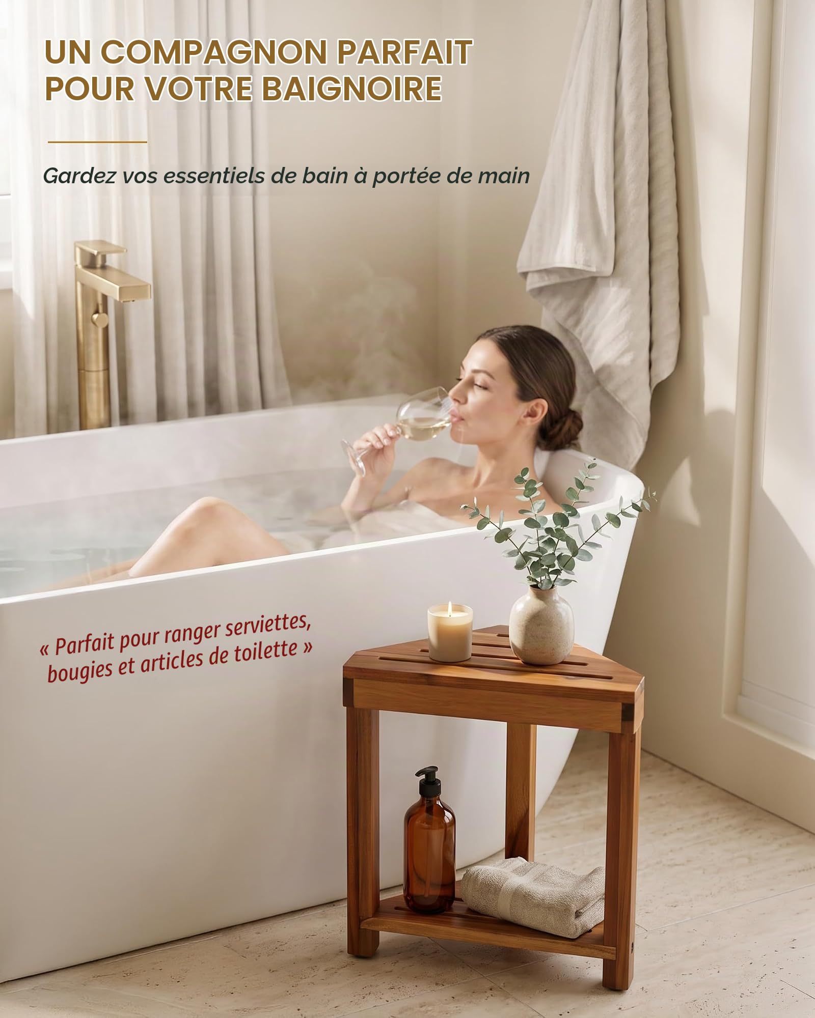 BLUEWEST Repose-pieds de douche, tabouret de douche d'angle en bois pour se raser les jambes, repose-pieds de douche imperméable avec étagère de rangement pour petit espace de douche, sièges de douche