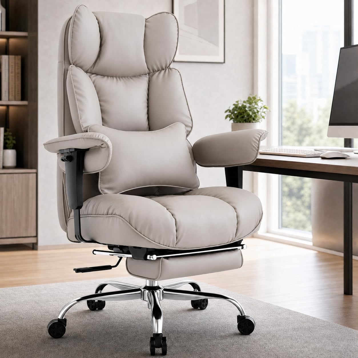 Efomao Silla de Oficina Ejecutiva con Reposapiés, Silla de Escritorio de Cuero PU con Respaldo Alto, Silla Reclinable y Giratoria con Reposabrazos Ajustables para Oficina en Casa