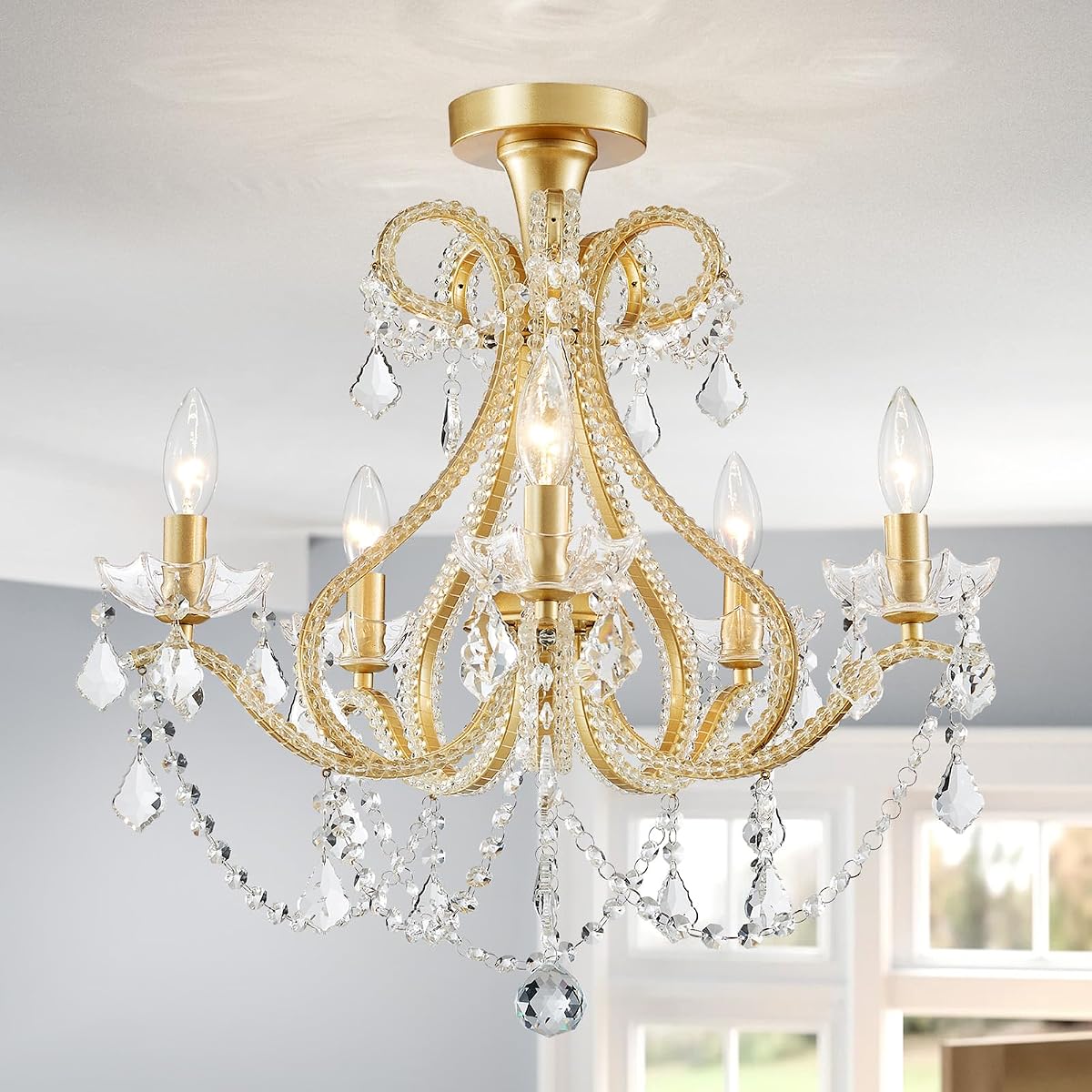 WUZUPS 5-Light Crystal Candle Chandelier, Metal Ceiling Light, 20.9in High 22in