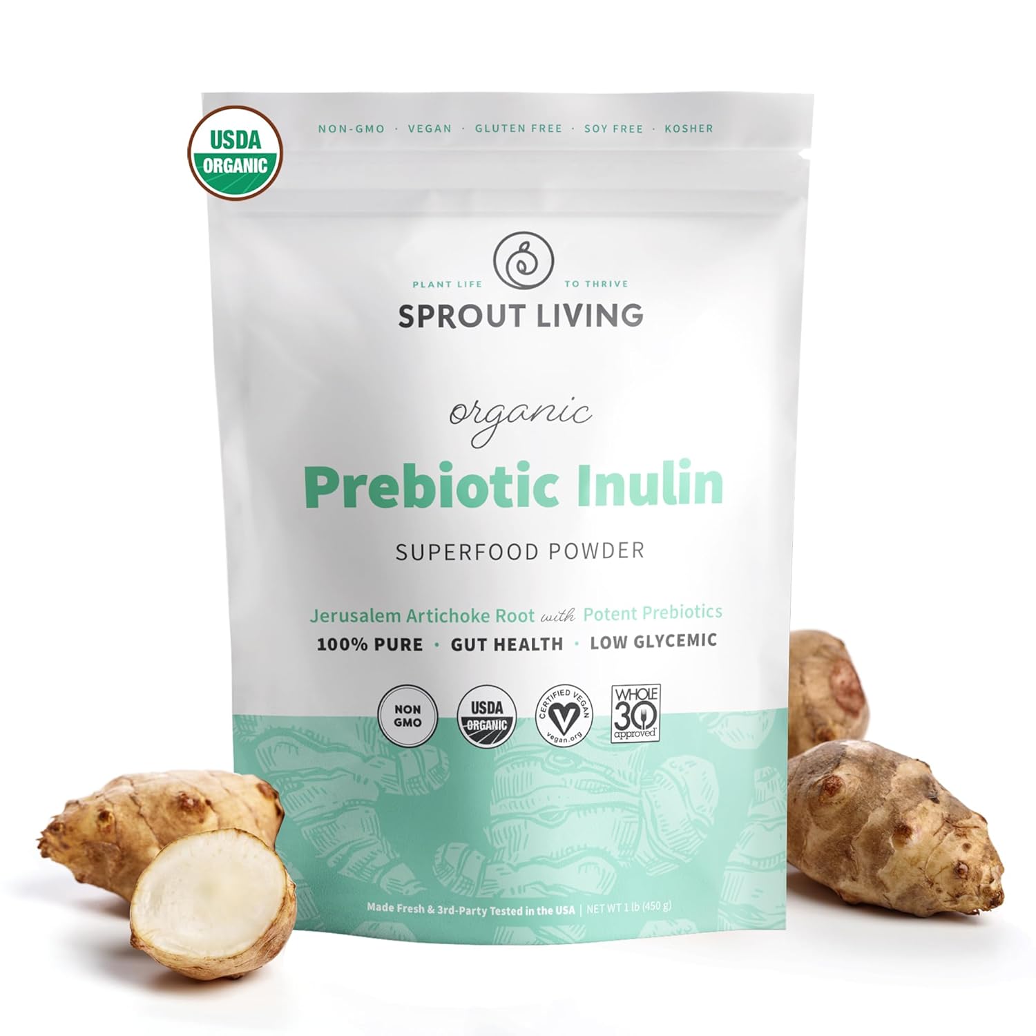 Sprout Living Pó de Inulina Orgânica, Fibra Solúvel, Saúde Digestiva, 450 g