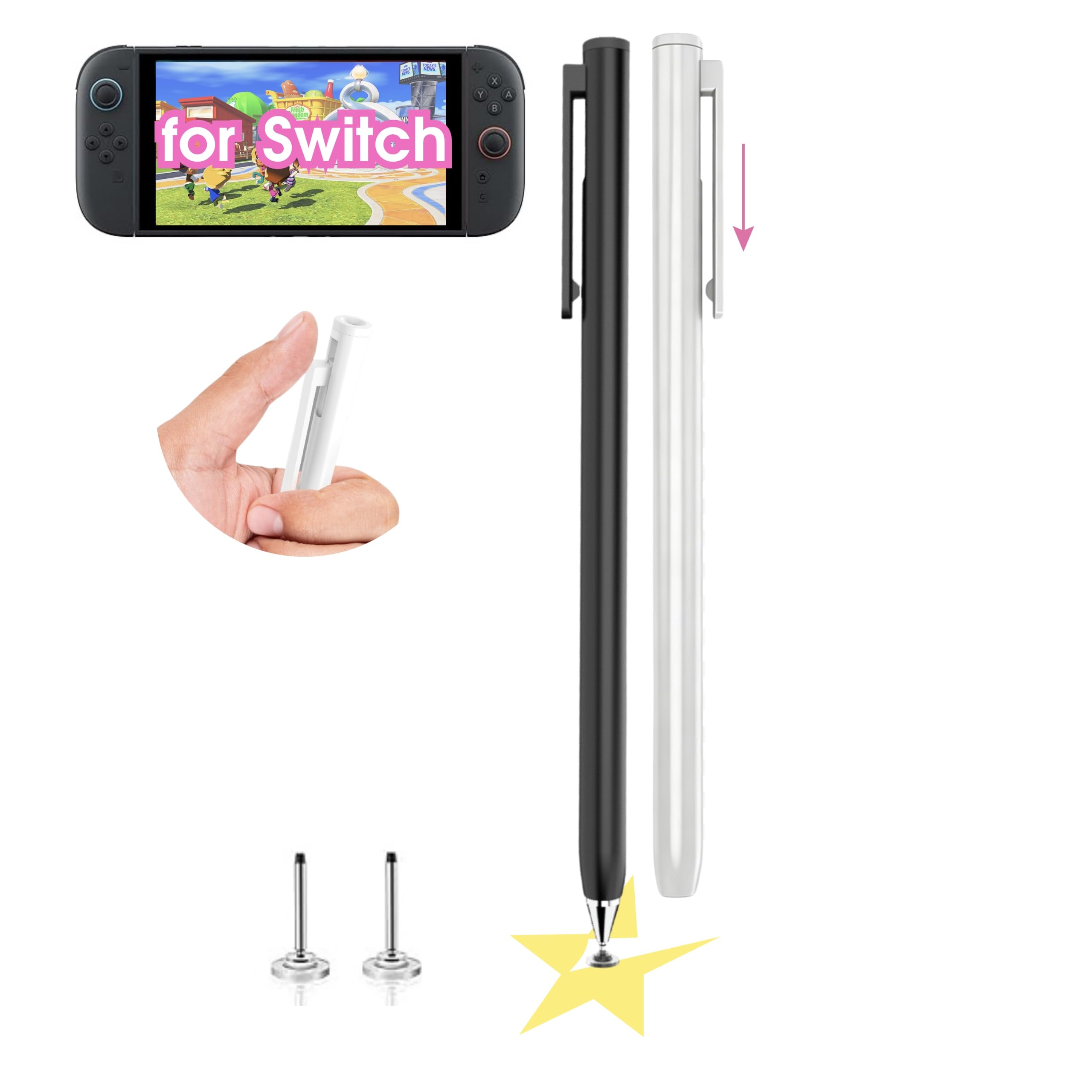 2 bolígrafos de punta fina para Nintendo Switch 2/Switch OLED/Switch Stylus - Punta de disco de 5 mm, lápiz capacitivo retráctil magnético para tabletas Samsung Android y pantallas táctiles iOS (2