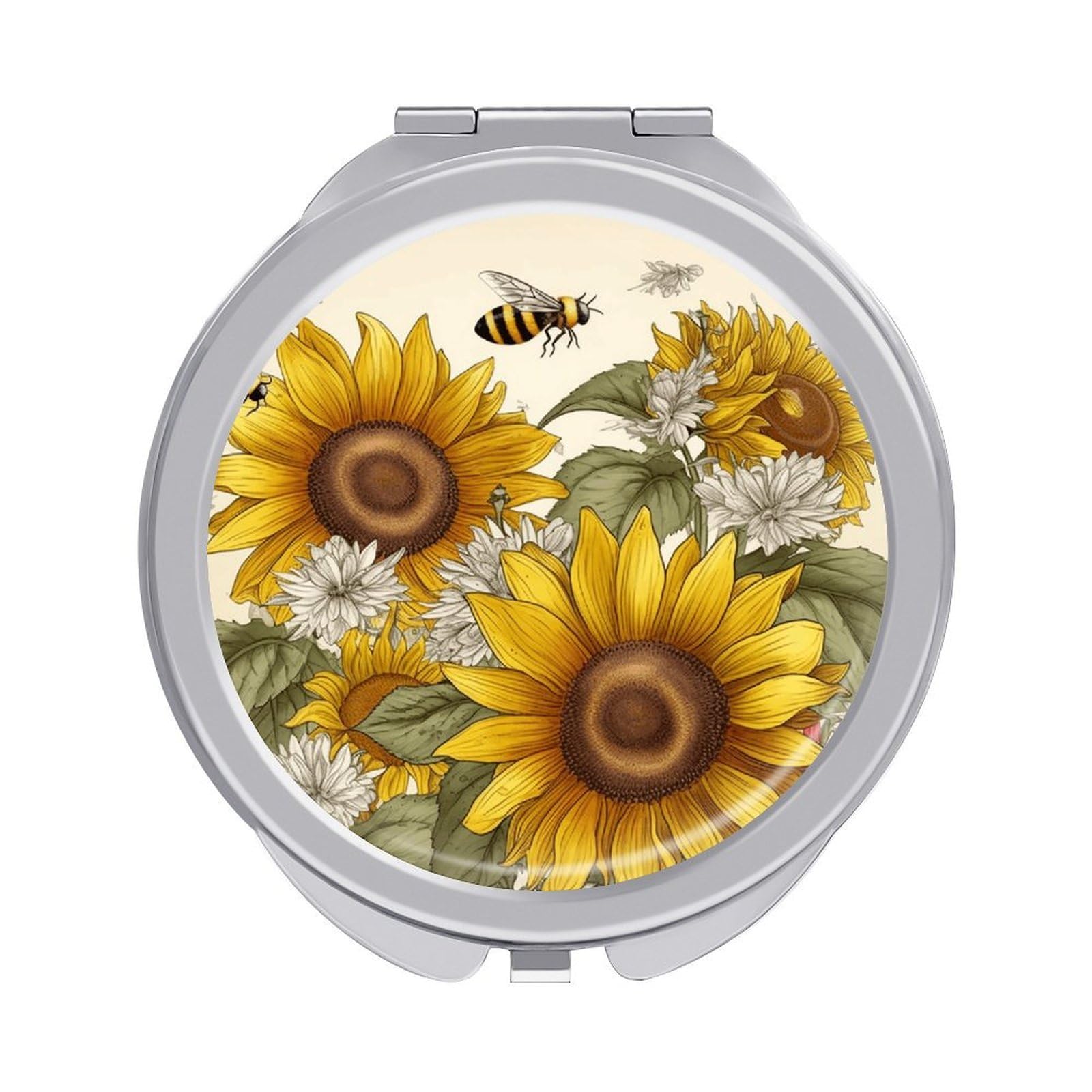 VstaDank Bees Sunflowers Daisy Rose Flowers Travel Makeup Mirror 2 X /1 X Magnifying Mini Vintage Pocket Mirror for Purse Small Portable Folding Small Round Mirrors Portable Vanity Mirrors for Women