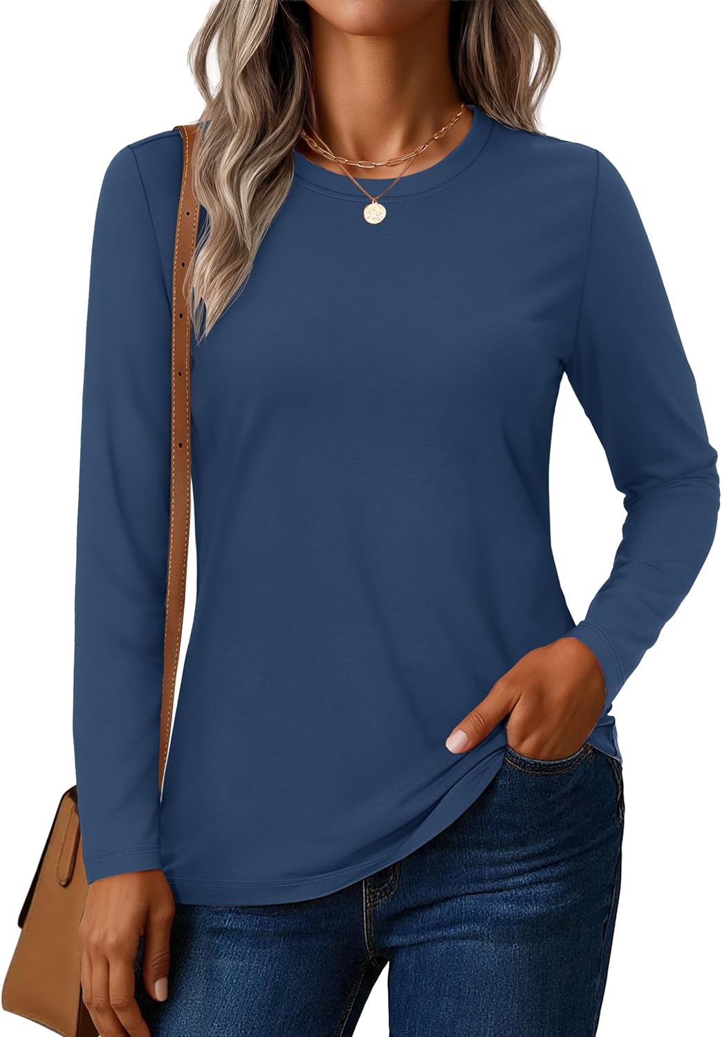 YUCOLEN Women's Cotton Long Sleeve Shirts Crewneck Cotton Basic T-Shirt Solid Color Soft Comfy Casual Tops Tees for Women