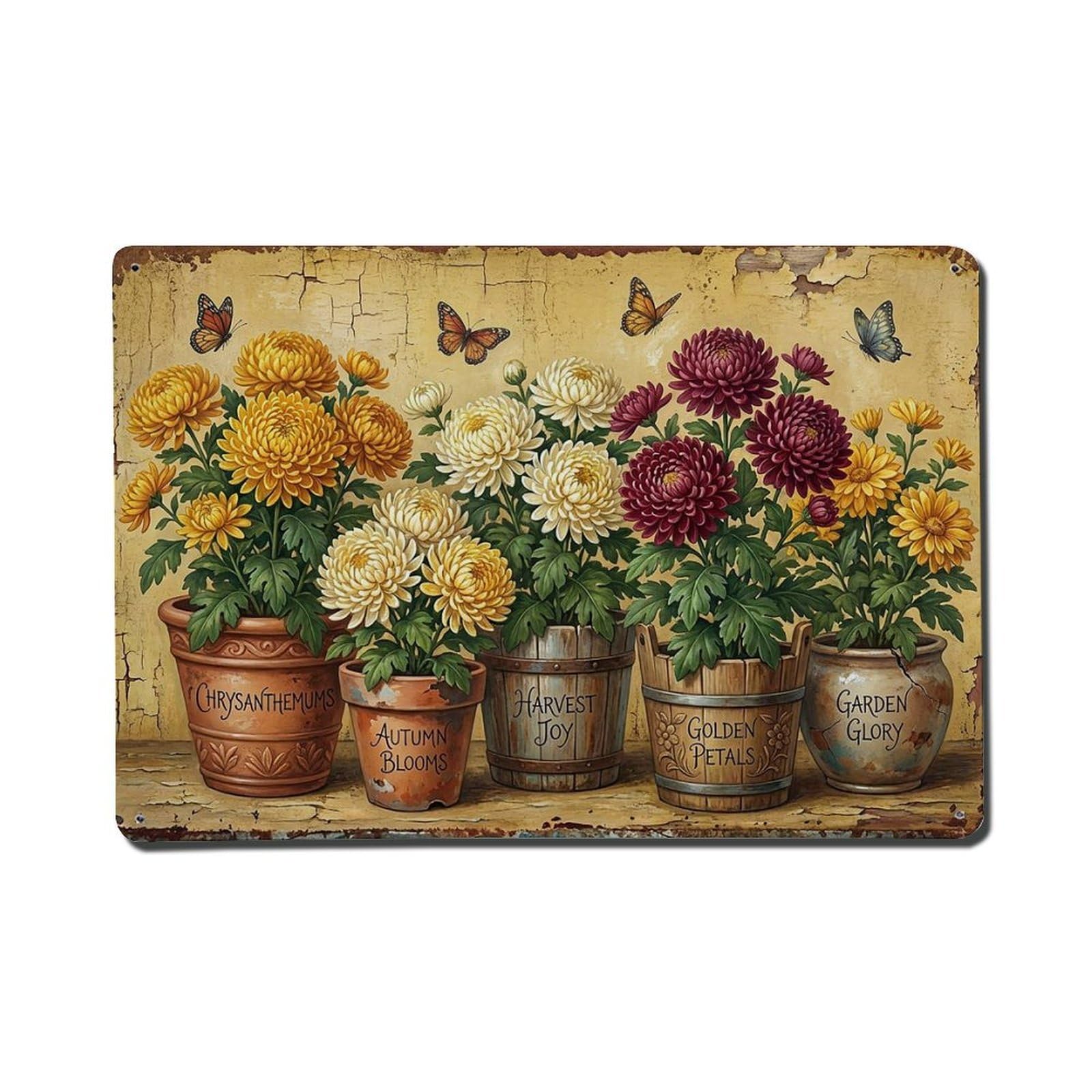 Vintage Rustic Flower Potted Plants Chrysanthemum Metal Tin Sign