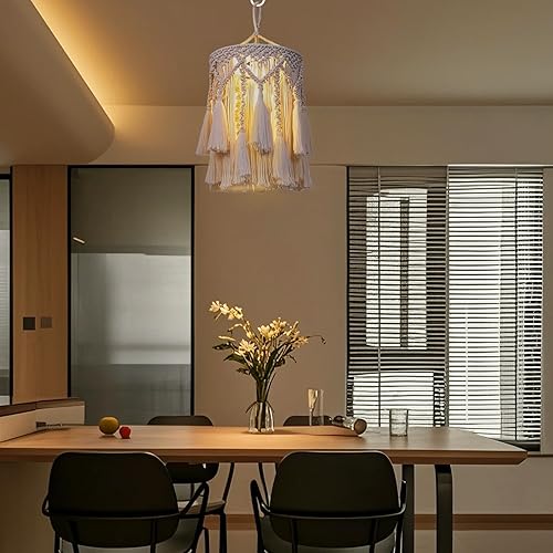 Miniatura 3 de Lámpara colgante bohemia, pantalla bohemia con lámpara colgante enchufable para dormitorio, luz colgante de macramé con cable enchufable para sala