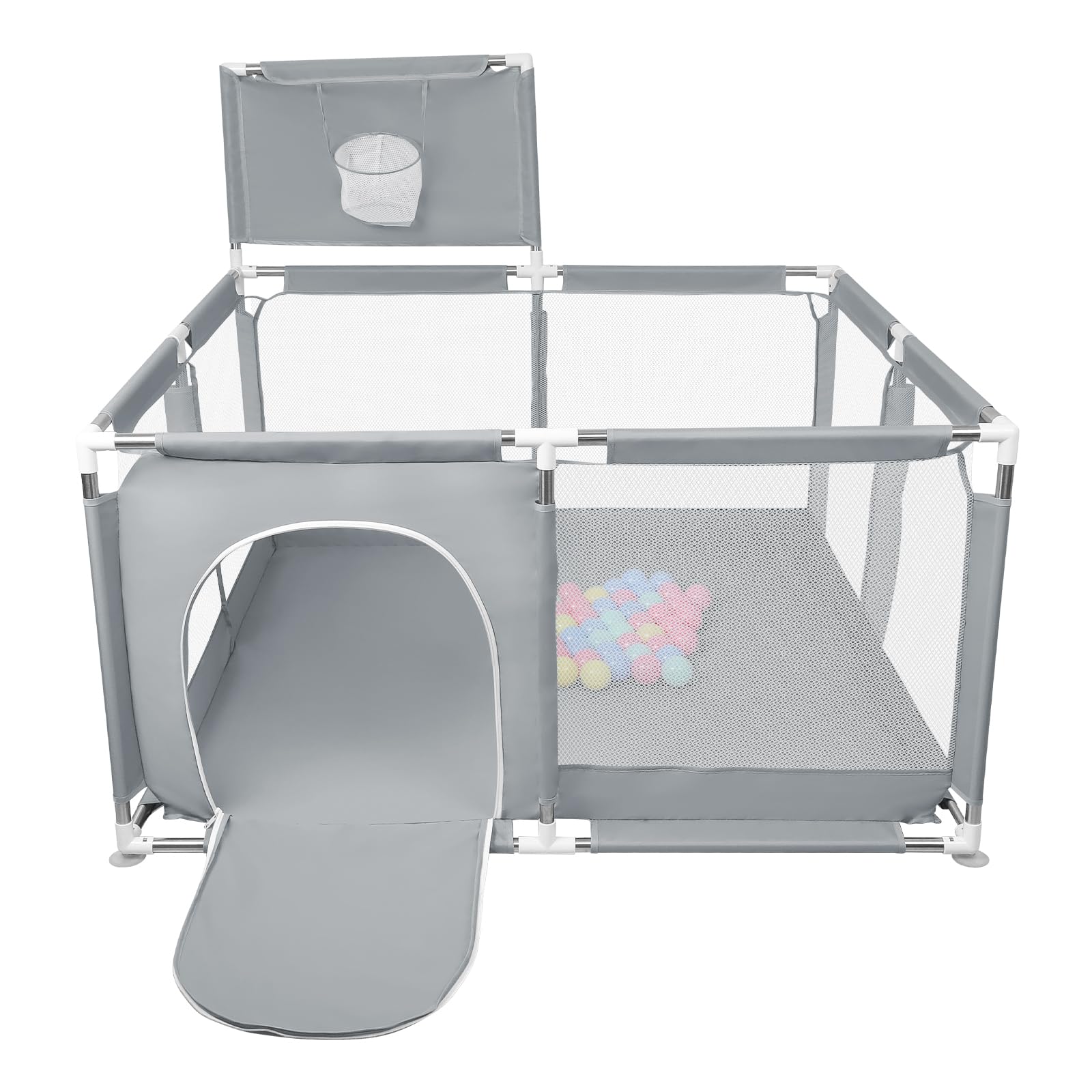 Box per Bambini, Recinto per Bambini Pieghevole in Tessuto Oxford con Rete Traspirante, Box per Neonati con Giochi che Include 50 Palline (126 x 126 x 66 cm, grigio scuro)