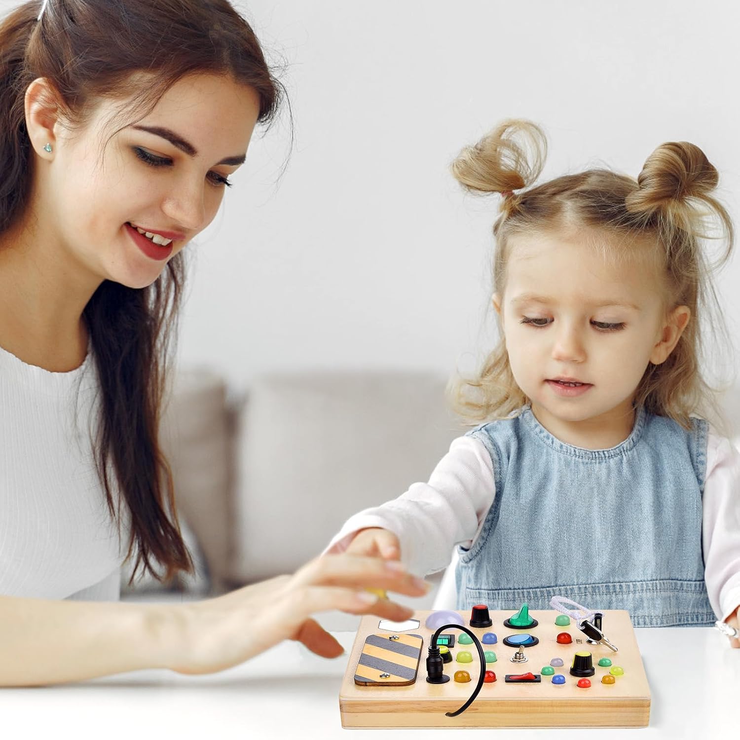 Montessori Busy Board with LED Light 17 Lights Toddler Switch Board Wooden Baby Button Light Up Toy for Baby Kids