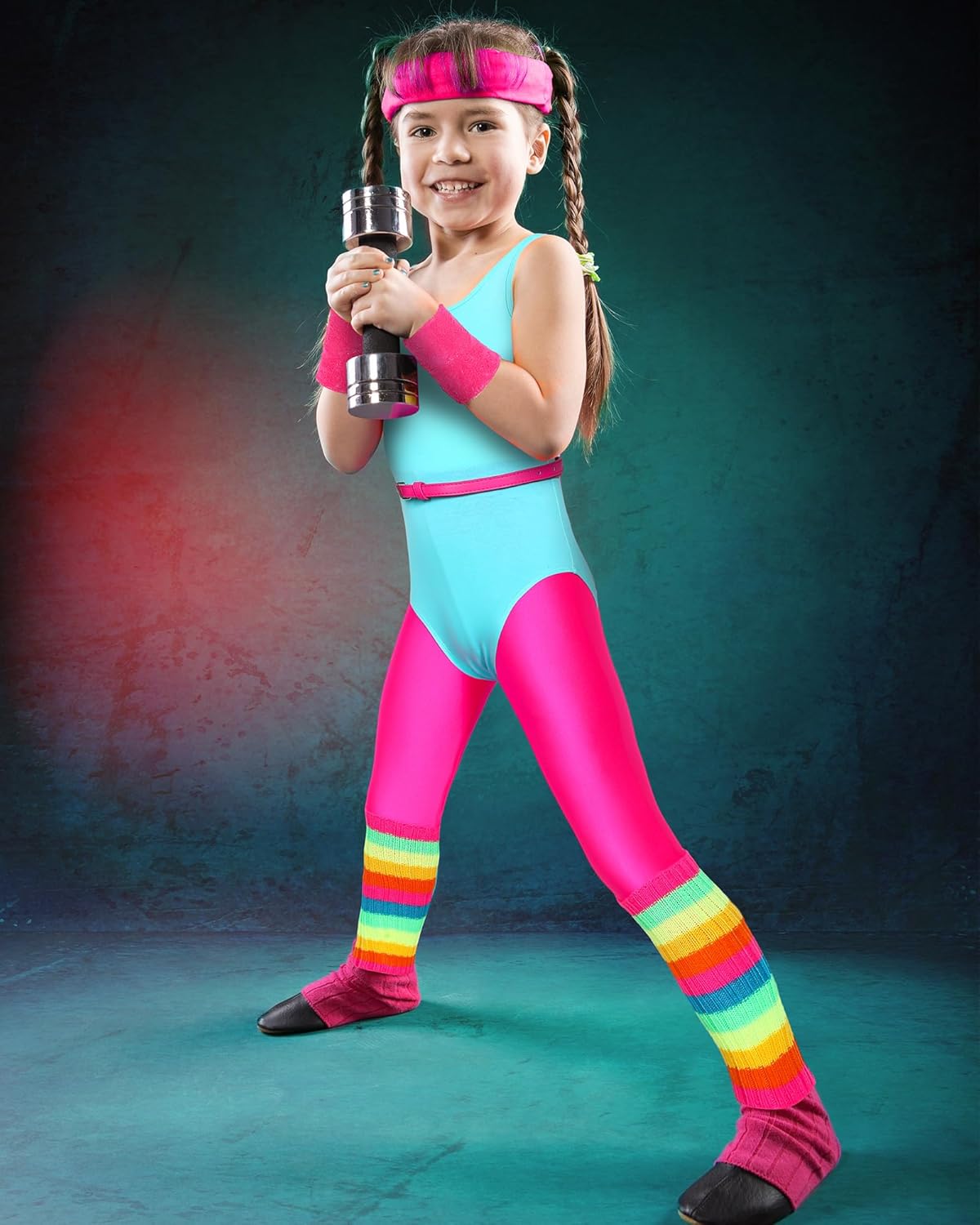 Cuffbow 6 Pcs Kids 80s Workout Costume Accessories Set Include Neon Leotard Legging Leg Warmers Wristband Headband Belt