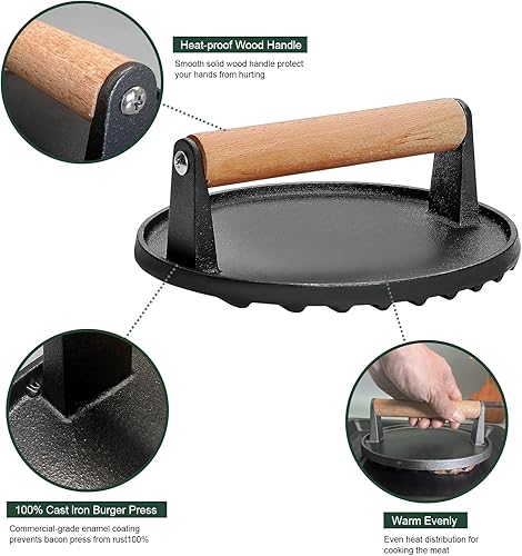 Miniatura 2 de Prensa de hamburguesa redonda de 7 pulgadas, prensa de hamburguesa para parrilla Blackstone, prensa de hierro fundido resistente con mango de