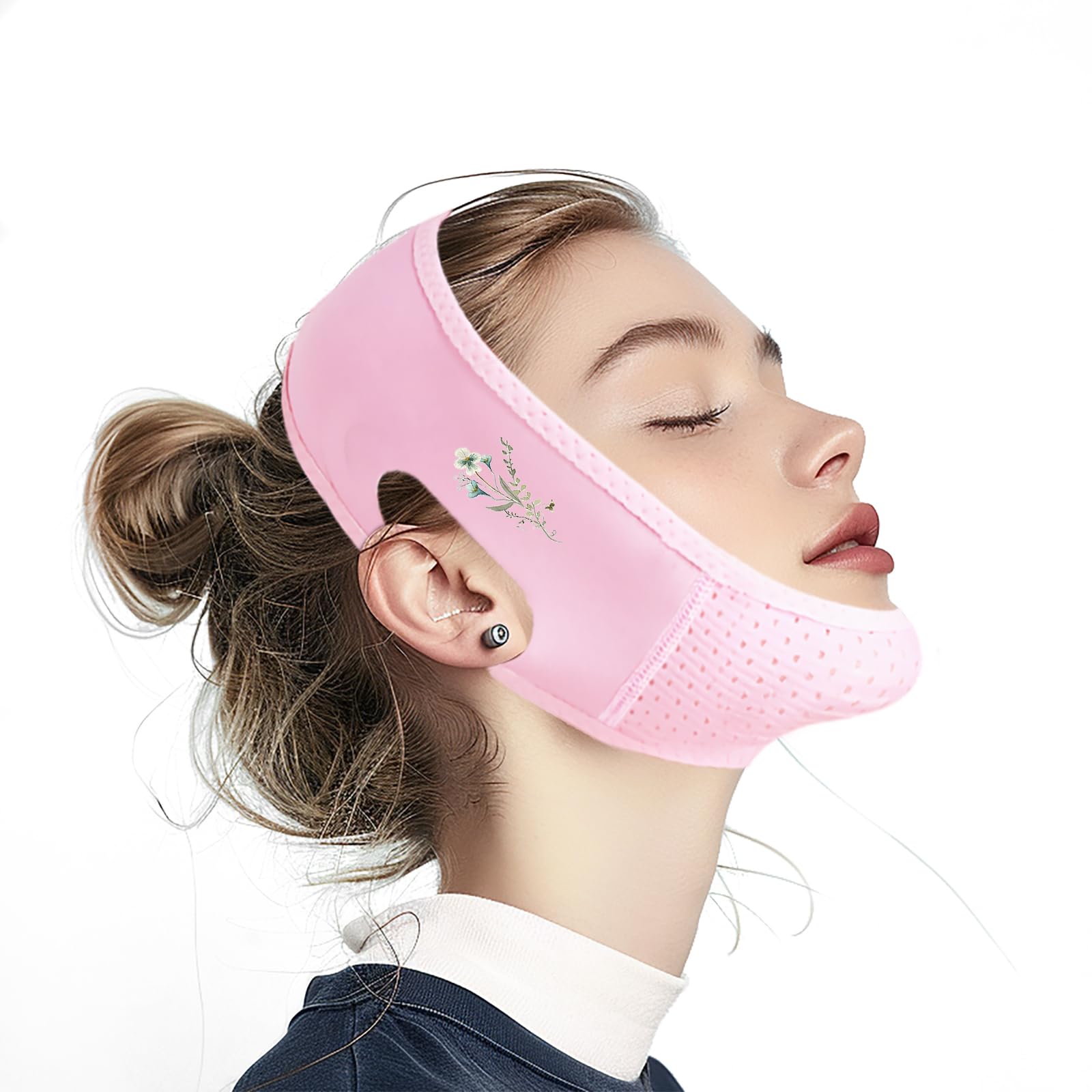 Chin Strap for Sleeping Elegant Floral V Line Lifting Mask Reusable Face Strap Jaw Exerciser pink