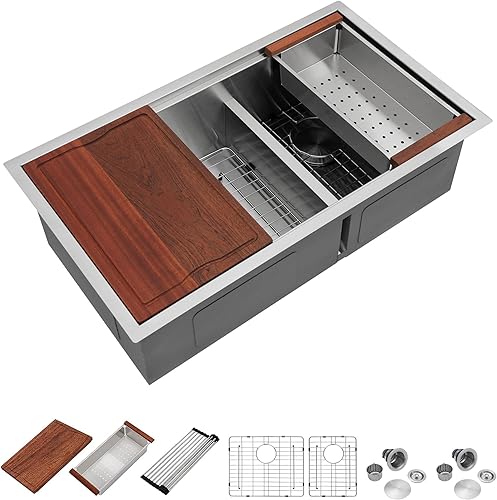 Dcolora Fregadero de cocina de 33 pulgadas con doble tazón, estación de trabajo, fregadero de acero inoxidable calibre 16, espacioso, 6040, doble