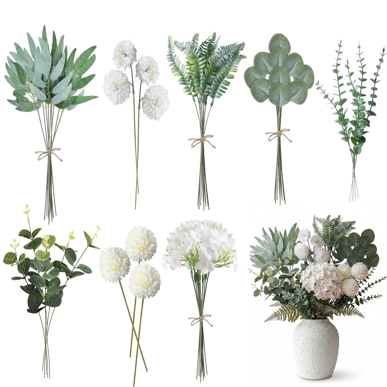 55pcs Artificial Flowers,Realistic Artificial Eucalyptus with Artificial Branches for Vase Decorative Branches White Artificial Flower Bouquet Modern Table Decor Spring Decor