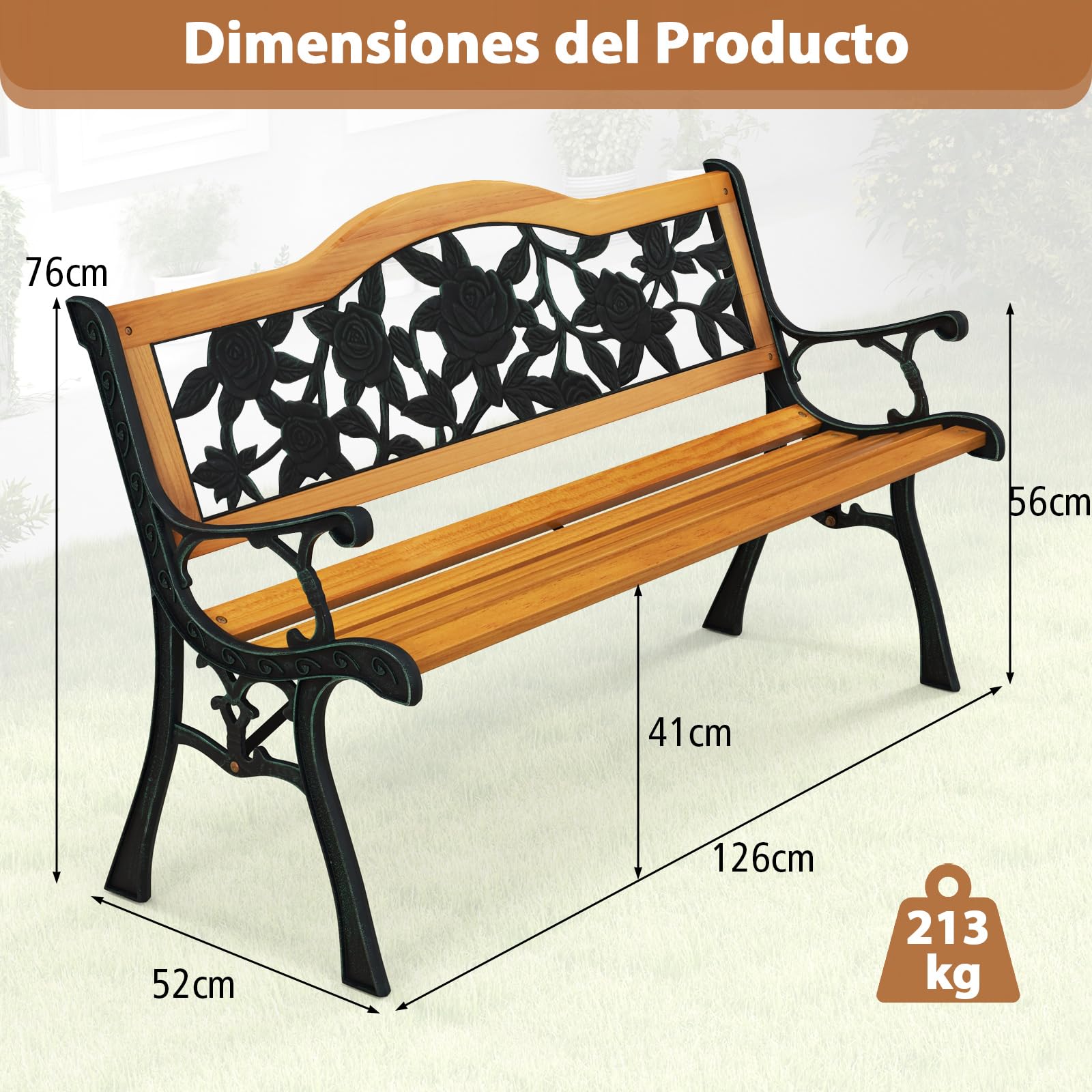 COSTWAY Banco Jardin Exterior de 3 Plazas, Bancos para Exterior con Estructura de Metal Fundido, Asiento de Madera, Reposabrazos Curvos, Banco Madera, 127,5 x 52,5 x 73,5 cm