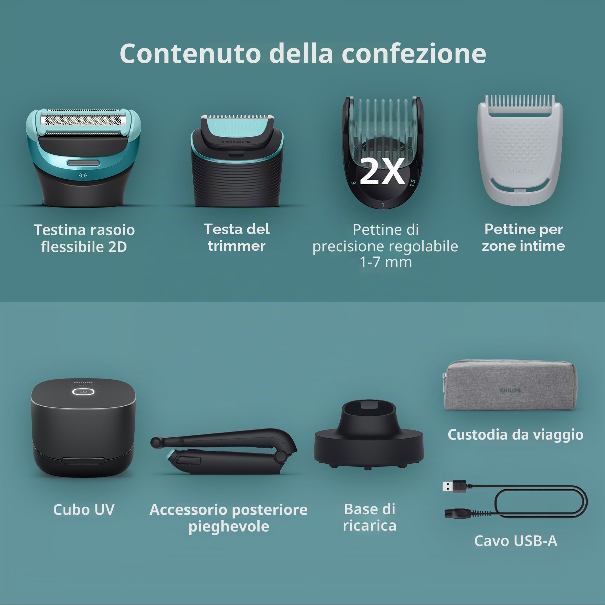 Philips Norelco Body Groomer 9000 Series, rasoio per uomini e sistema di rasatura intima con pulitore UV Cube e attacco posteriore regolabile, 100% impermeabile, BG9480/50