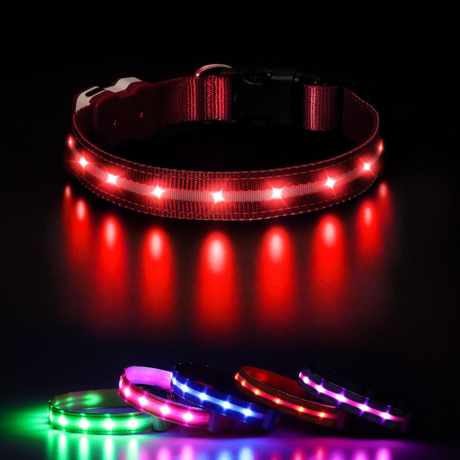 CAWJUG Light up Dog Collar, Rechargeable LED Dog Collar with 3 Glowing Modes, Adjustable Flashing Dog Collar for Small Medium Large Dogs(Red, M)