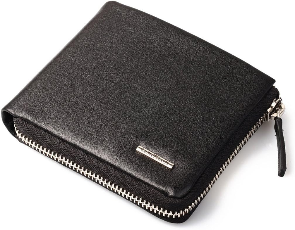 Men's Zippered Bifold Wallet with Deluxe Credit Card Flip Genuine Lambskin Leather,Black