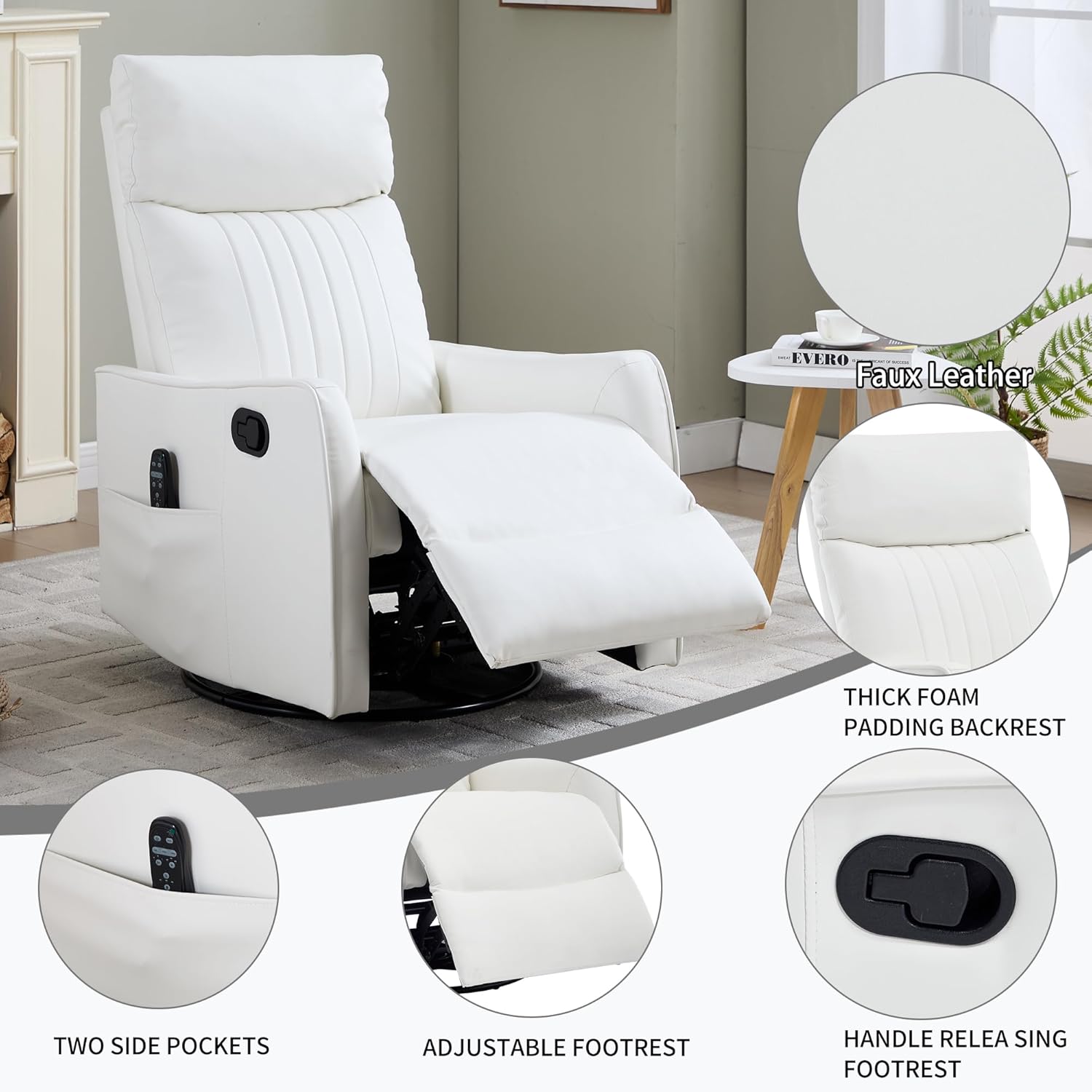 High Back Massage Recliner with Heat - Swivel Rocking Chair for Small Spaces, Manual Lazy Boy Recliner for Adults, Perfect for Living Room & Bedroom, Soft Fabric (White)