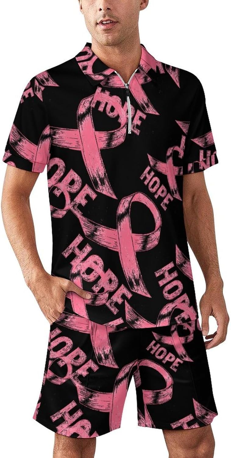 Ope Ribbon Breast Cancer Awareness Mens Polo Shirts Track Suits 2 Piece Short Sleeve Sweatsuit 1/4 Zip Golf Loungewear for Sports