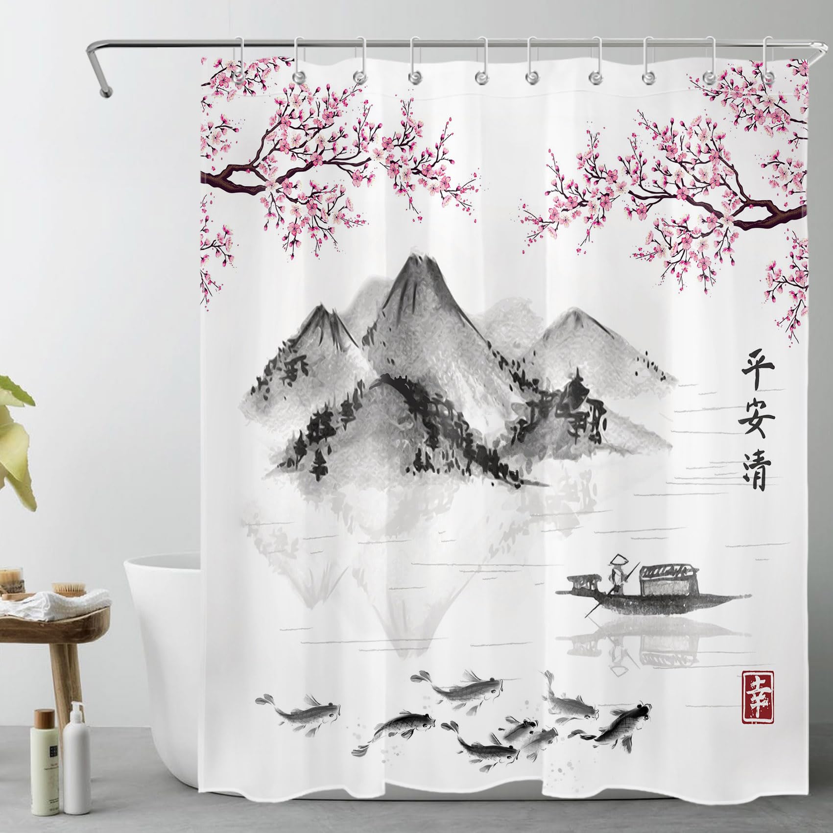 LB Black Grey Mountain Shower Curtain Pink Floral Japanese Fish Shower Curtains for Bathroom Spring Scenery White Polyester Anti Mould Waterproof Small Bath Curtain Set including Hooks,71Lx59W inches