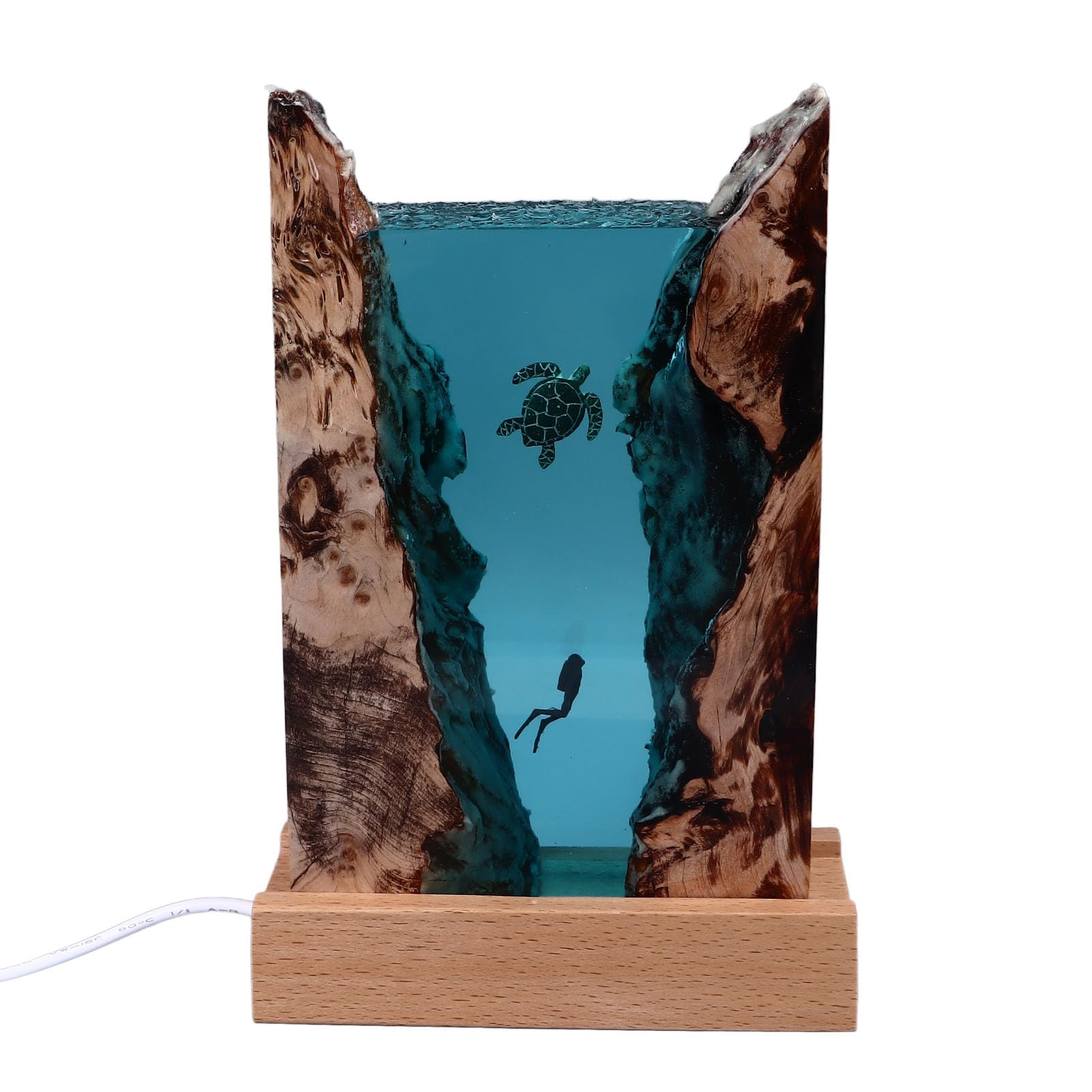YWBL-WH Luce Notturna in Resina Lampada da Tavolo a LED Oceano Base in Legno Massello Alimentata Tramite USB 5V Design Traslucido a Grotta Bagliore a Risparmio Energetico per Scrivania da Camera da