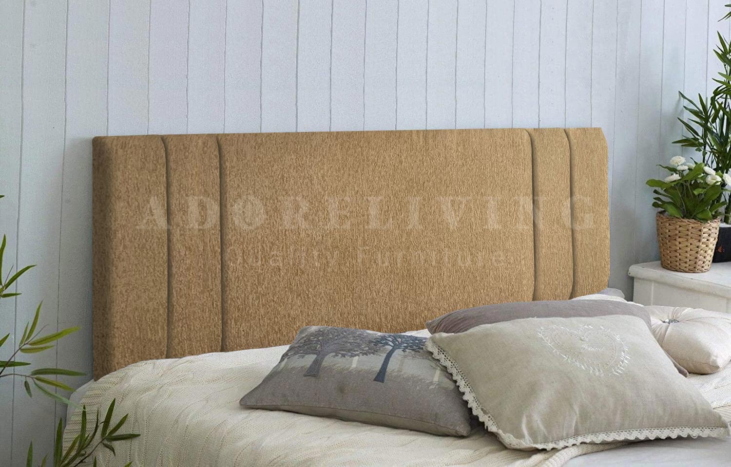RIO Padded Lined Divan Bed Headboard | Chenille Fabric Double Headboard for bed frames | Elegant design wooden material headboards for beds (Caramel,4ft6 Double H-20inch)