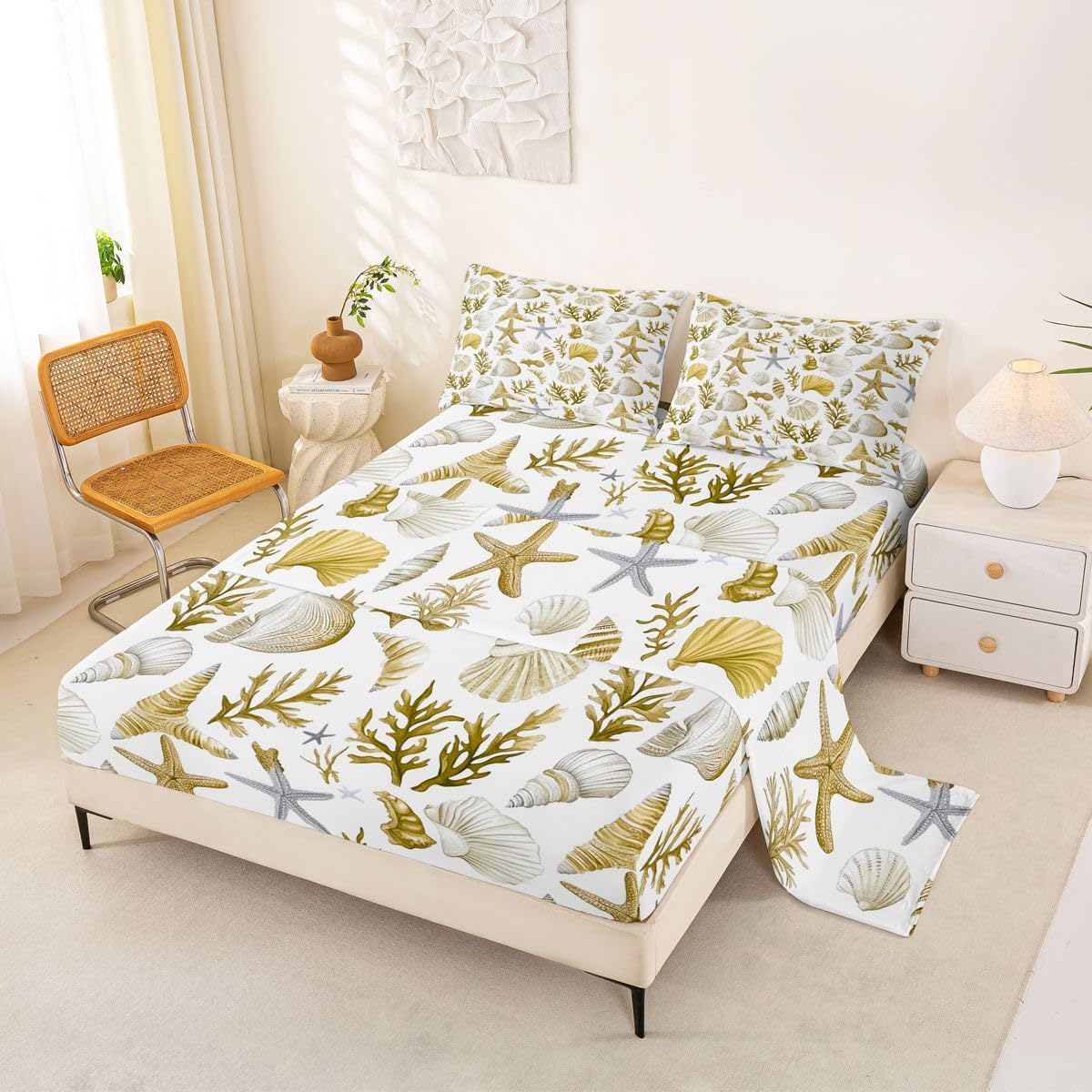 Homewish Żółw morski żółta muszla prześcieradła podwójne zwierzę morskie zestaw pościeli Ocean Coastal Cora zestaw pościeli - rozgwiazda muszla dopasowane płaskie prześcieradła 4 sztuki