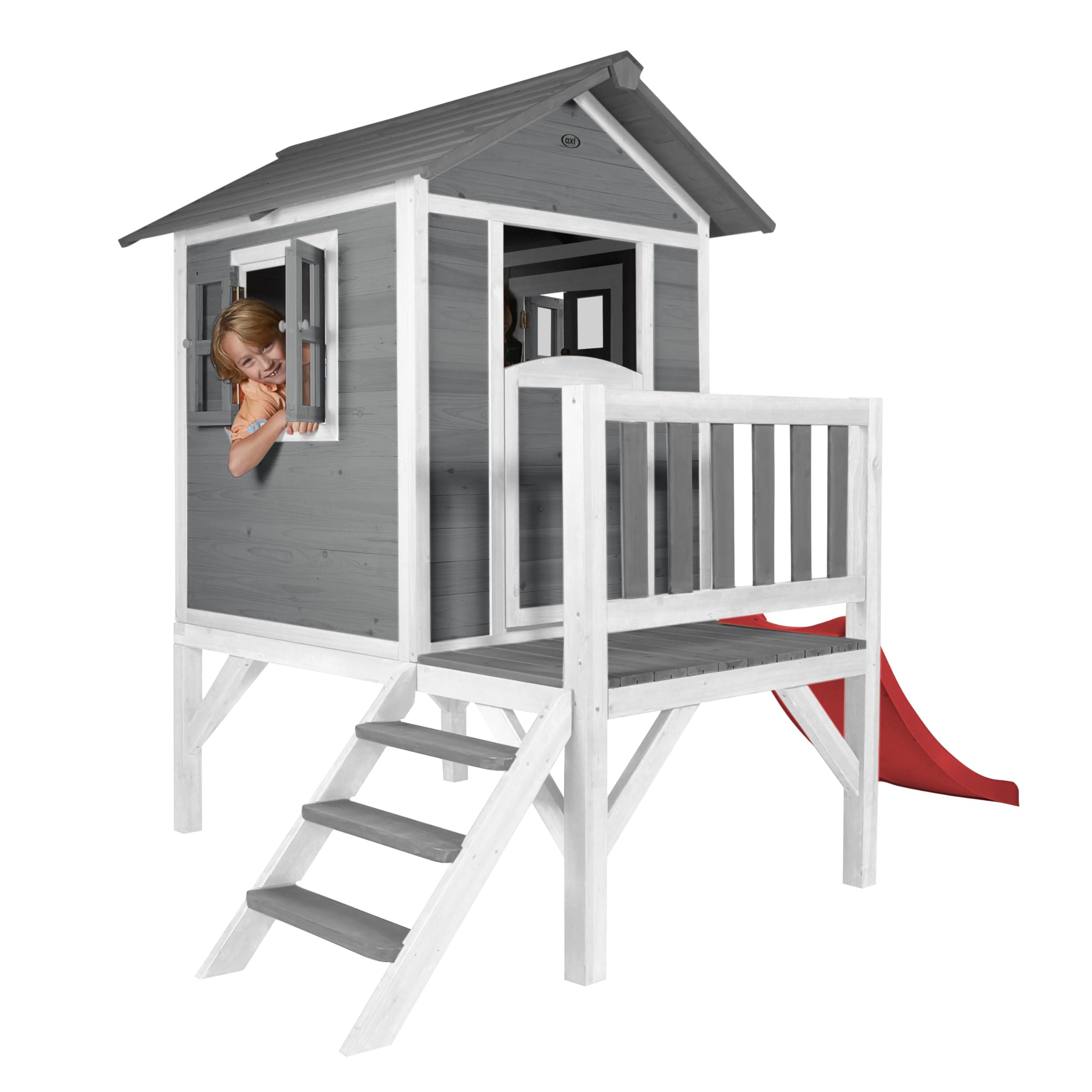AXI Maison Enfant Beach Lodge XL en Bois Gris avec Toboggan Rouge