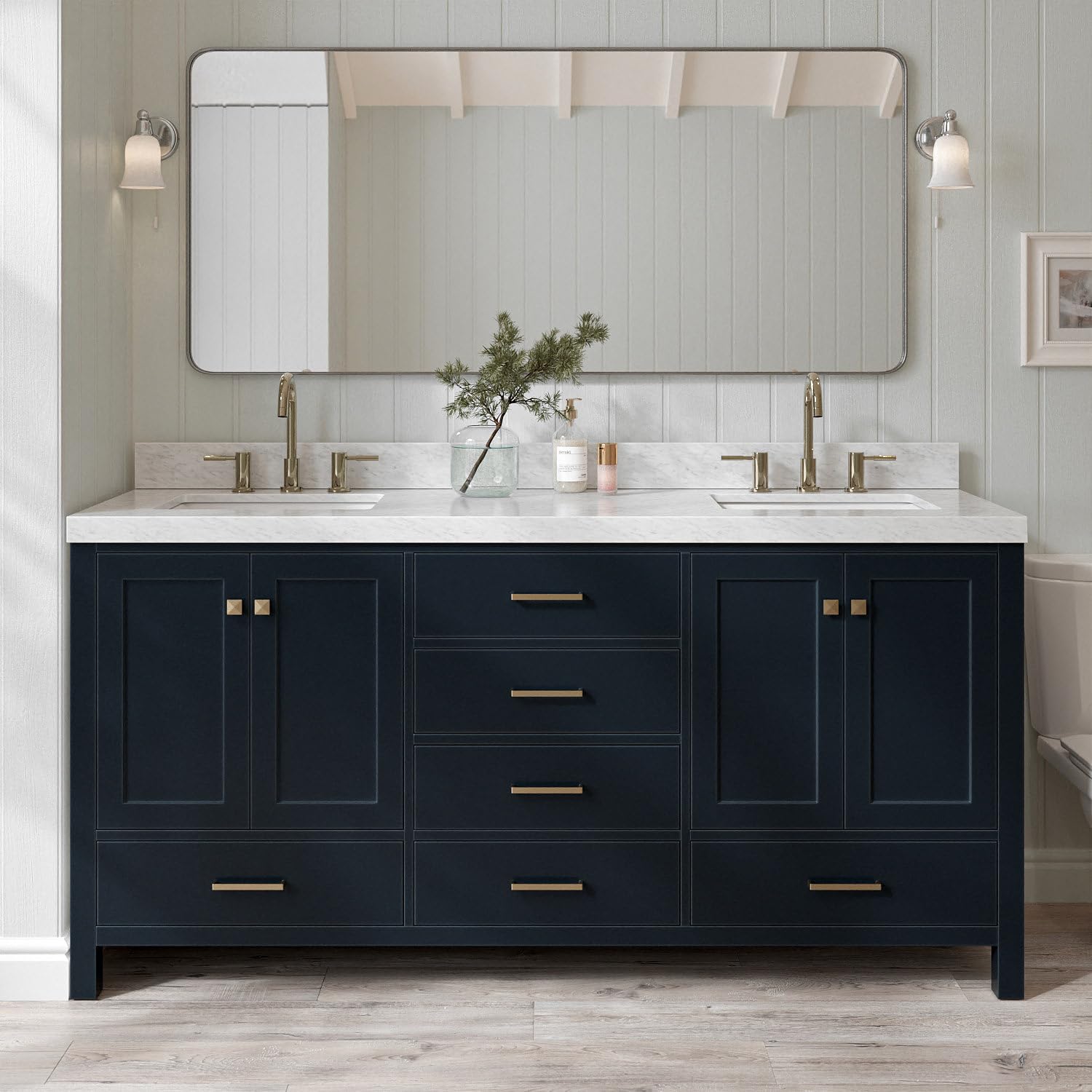 ARIEL Double Vanity 72" Midnight Blue with 2" Edge Italian Carrara Marble Countertop & Splash, Center Rectangular Sinks, 4 Soft Closing Doors, 6 Full