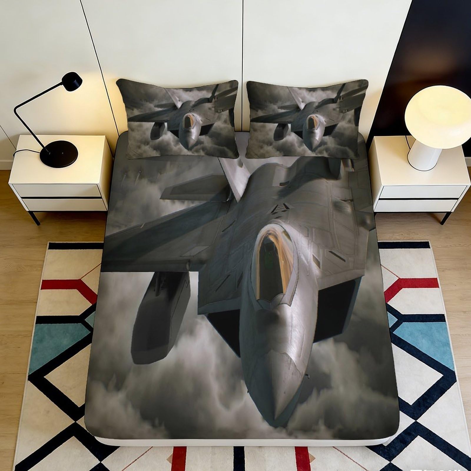 3D Printed Fighter Jet Fitted Sheet Microfiber Deep Pocket for Bedroom Bedding Jet Pattern Mattress Fitted Cover Non-Slip Washable Elastic Hem 90x200x25cm
