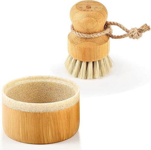 SUBEKYU Cepillo de bambú para platos con soporte para jabón, limpiador de platos de madera con dispensador de jabón, cepillo natural para cocina,
