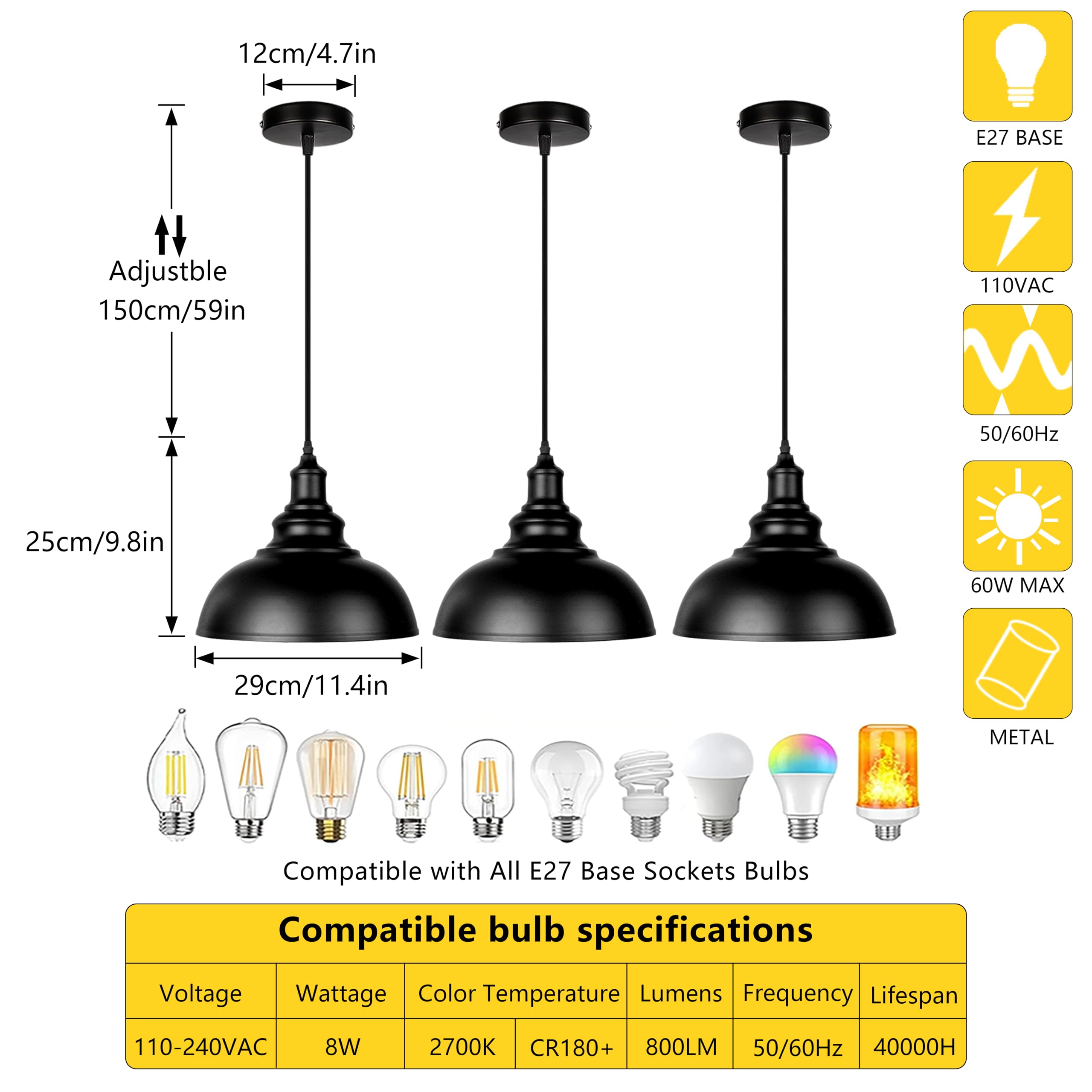 industrielle Pendentif lumière, vintage Suspension métal Lampe fer Pendentif d'éclairage Pendentif Luminaire Loft Lampe Suspendue pour Restaurant Cuisine 60.00W 110.00V (Noir-3 Pièces)