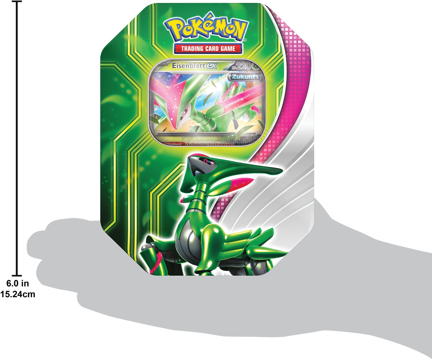Pokémon-Sammelkartenspiel: Tin-Box Paradoxclash: Eisenblatt-ex (1 holografische Promokarte & 4 Boosterpacks)