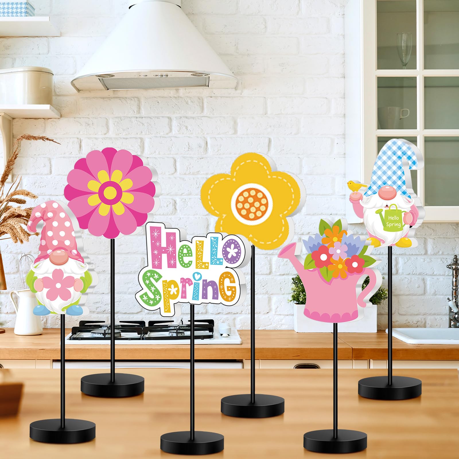 DoubleFill 6 Pcs Spring Table Decor Spring Decoration for Table Centerpieces Wooden Standing Signs Tabletop Decor for Home Office Room Desk Party