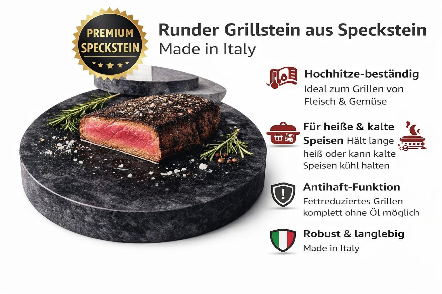 SLATEEX Grillstein aus Speckstein, Rund, 20 cm Durchmesser, 3 cm Stark, Hitzebeständig, für Heiße und Kalte Speisen, Made in Italy