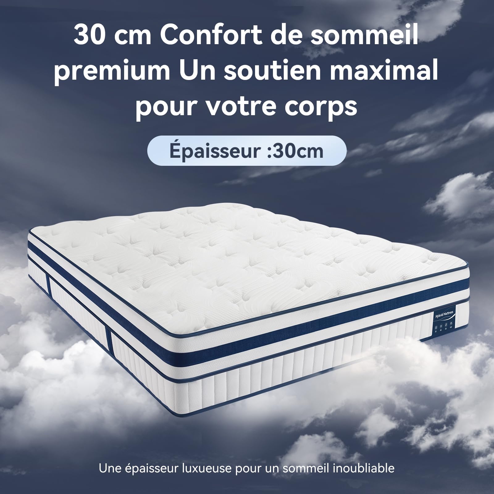 Matelas 140x200, Hybride 30 cm, Ressorts Ensachés et Mémoire de Forme