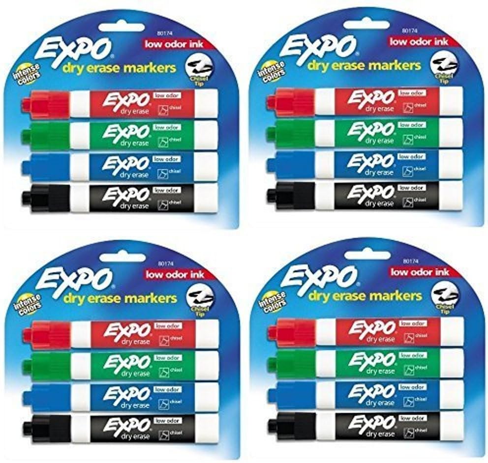 Expo 80174 Low Odor Chisel Point Dry Erase Marker Pack, Designed for Whiteboards, Glass and Most Non-Porous Surfaces, 4 Assorted Color Markers, Pack of 4 Blisters