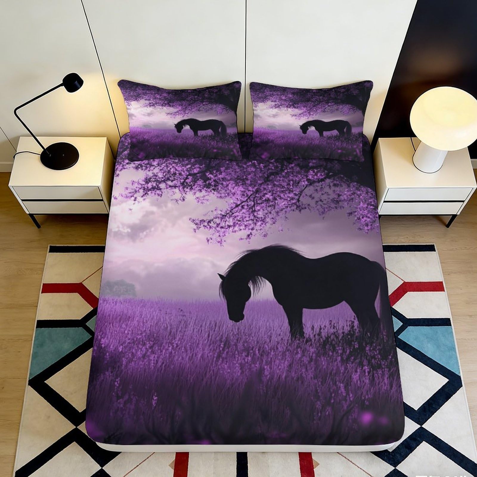 3D Printed Purple Horse Fitted Sheet Microfiber Soft Breathable Meadow Bed Cover for Bedroom Guestroom Decor 90x200x25cm